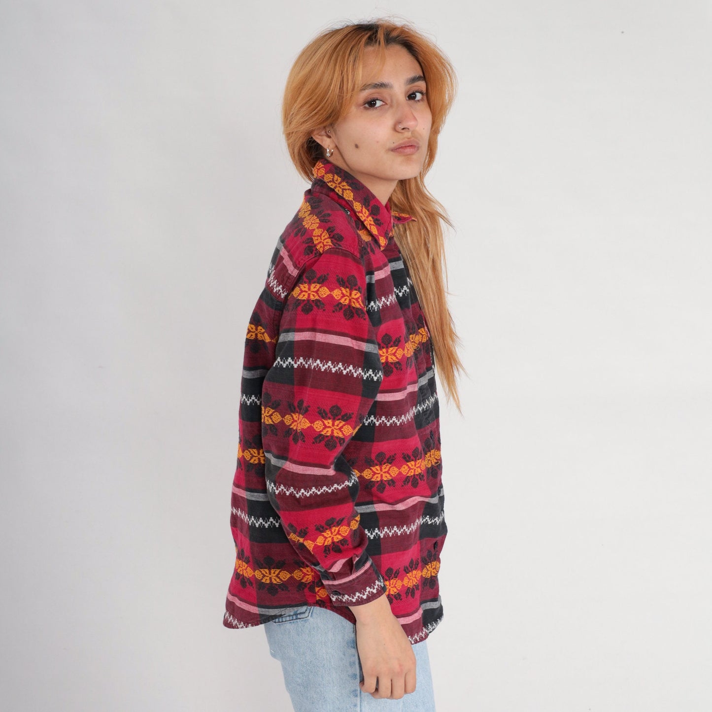90s Checkered Floral Button Up Blouse Red Black Embroidered Long Sleeve Medium