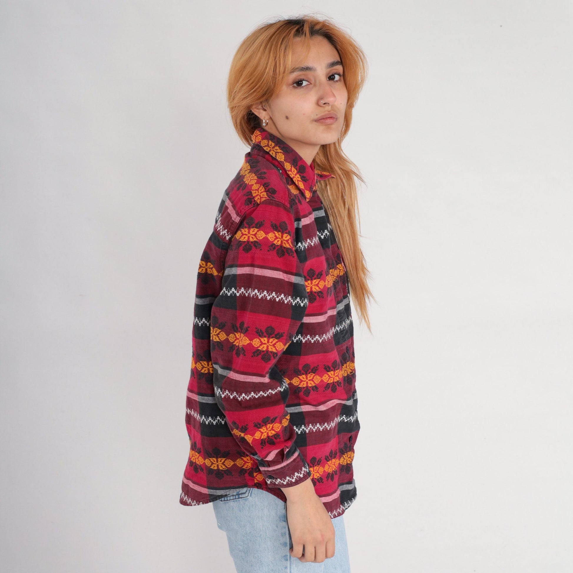 90s Checkered Floral Button Up Blouse Red Black Embroidered Long Sleeve Medium