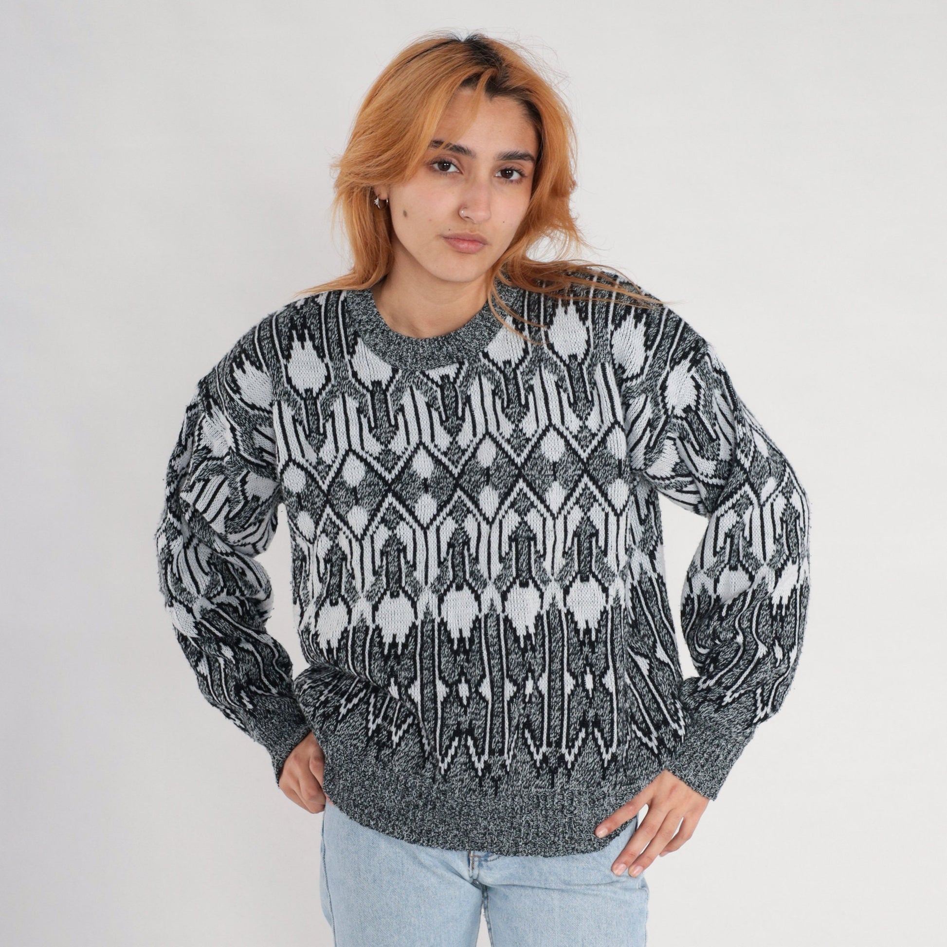 90s Geometric Knit Sweater Grey Black White Crewneck Pullover Large