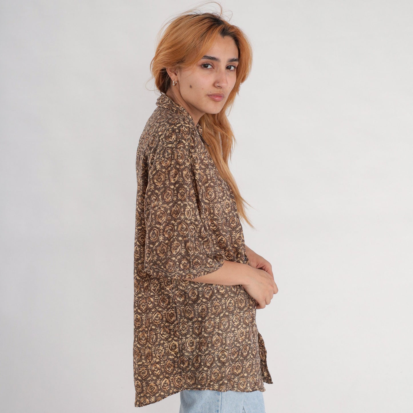 Y2K Brown Geometric Floral Silk Button-Up Shirt Short Sleeve Small S