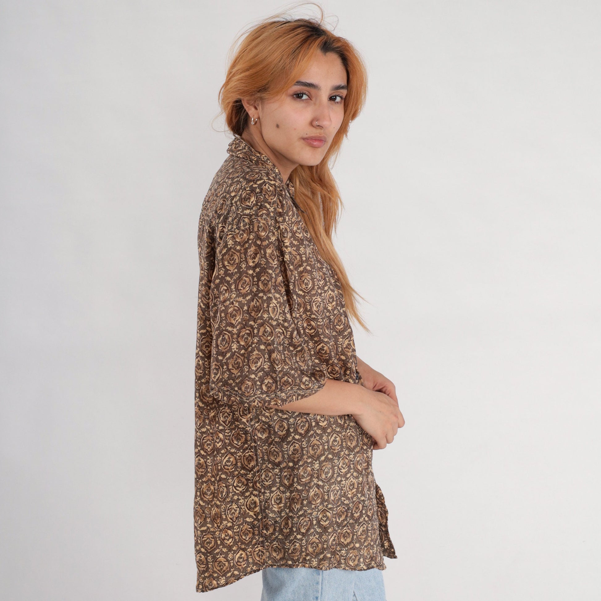 Y2K Brown Geometric Floral Silk Button-Up Shirt Short Sleeve Small S