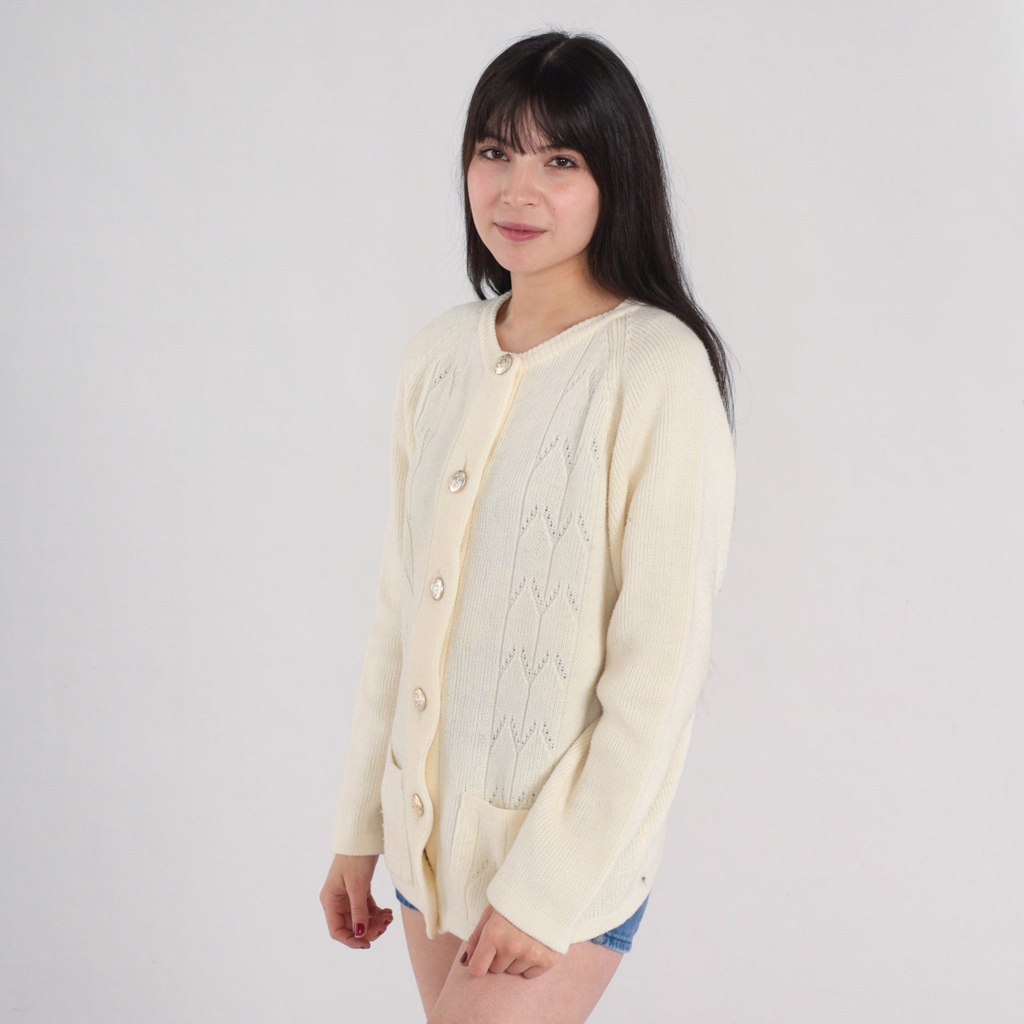 80s Off-White Pointelle Cardigan Silver Button Knit Sweater Medium Large