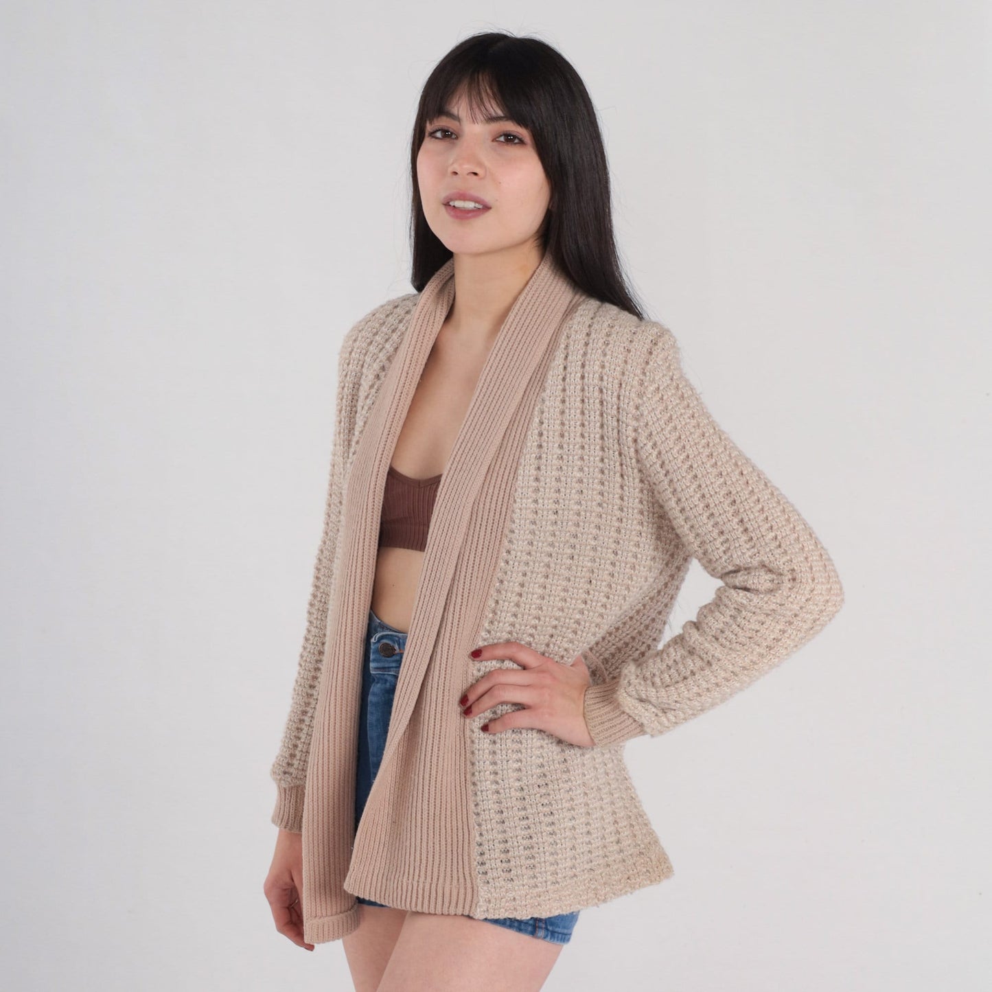 70s Light Brown Knit Cardigan Open Front Sweater Small S