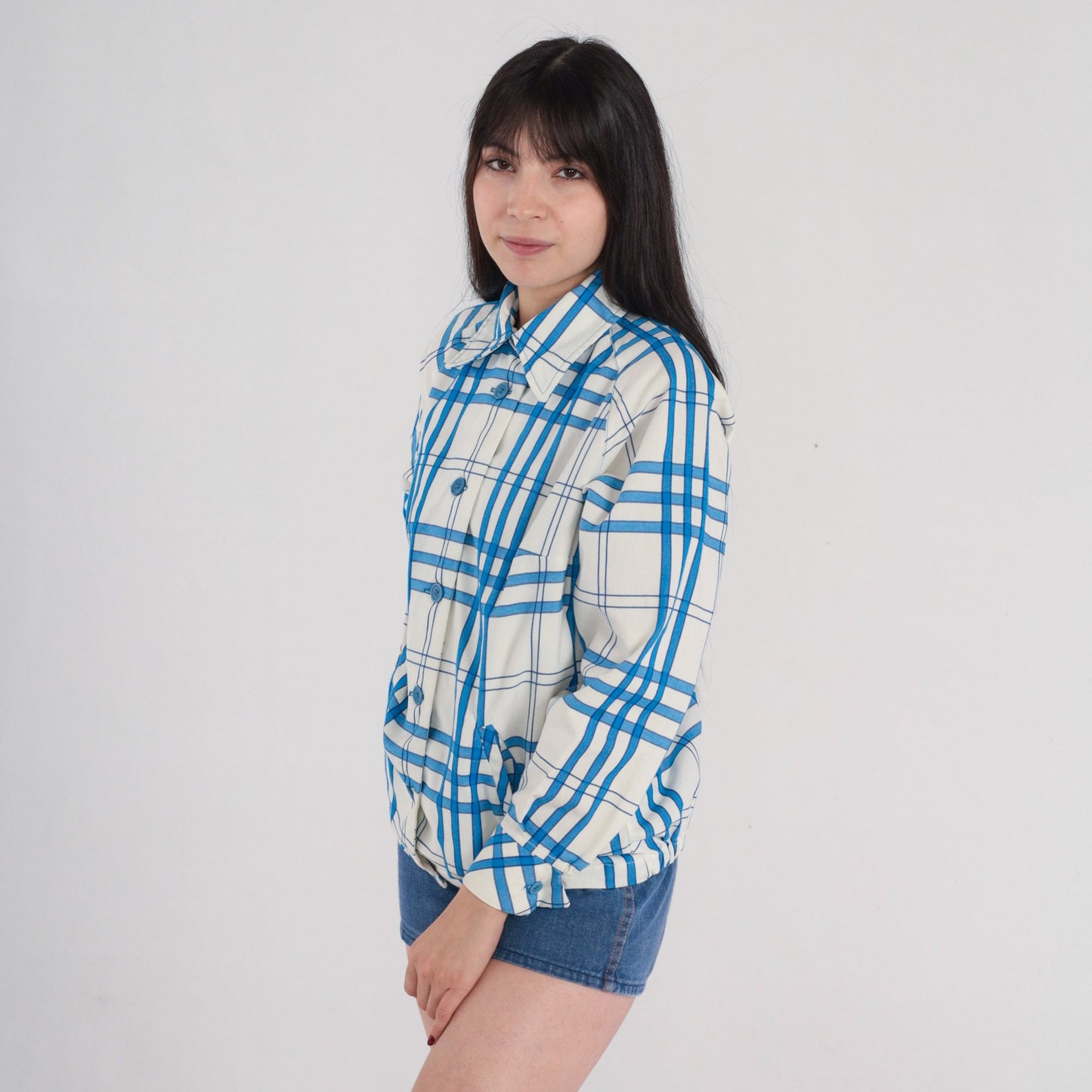 60s Plaid Button-Up Jacket White Blue Checkered Cotton Raglan Medium