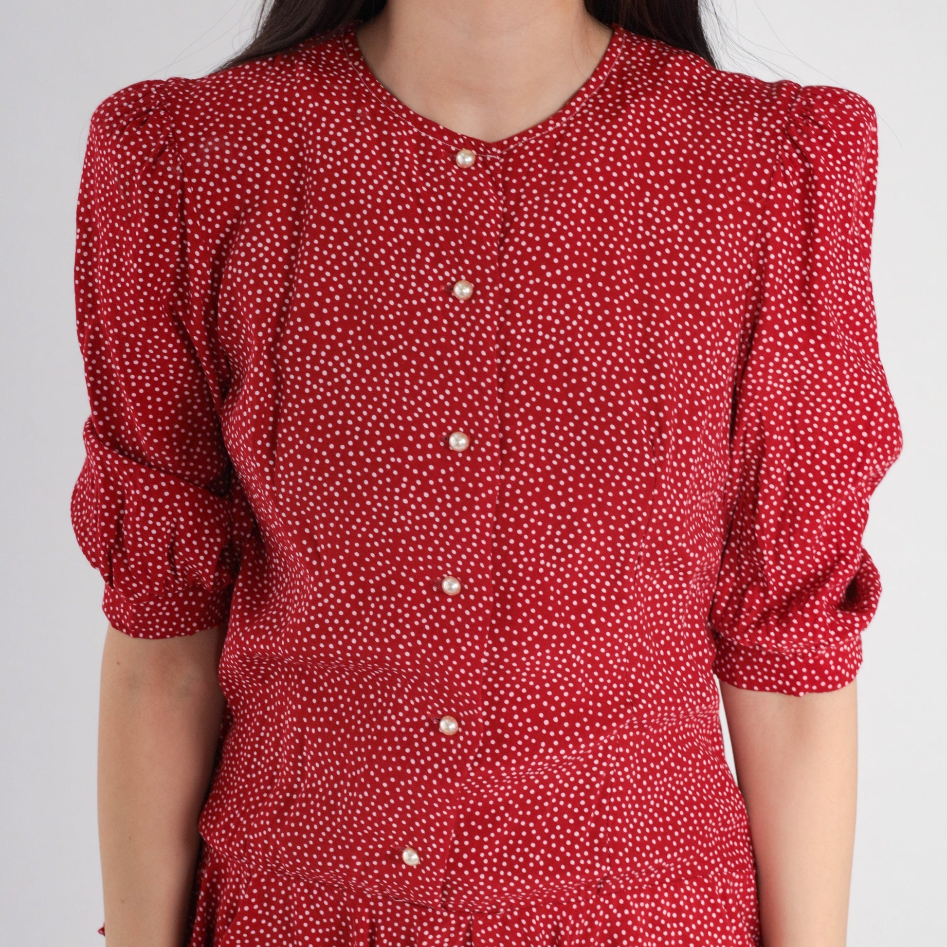 90s Red Polka Dot Mini Dress Puff Sleeve Pearl Button Drop Waist Small S