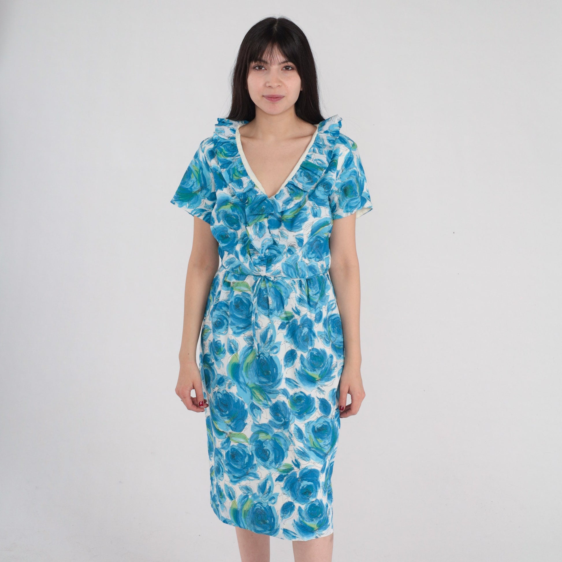 1960s Floral Pencil Dress Blue Rose Print High Waist V Neck Ruffled Medium M