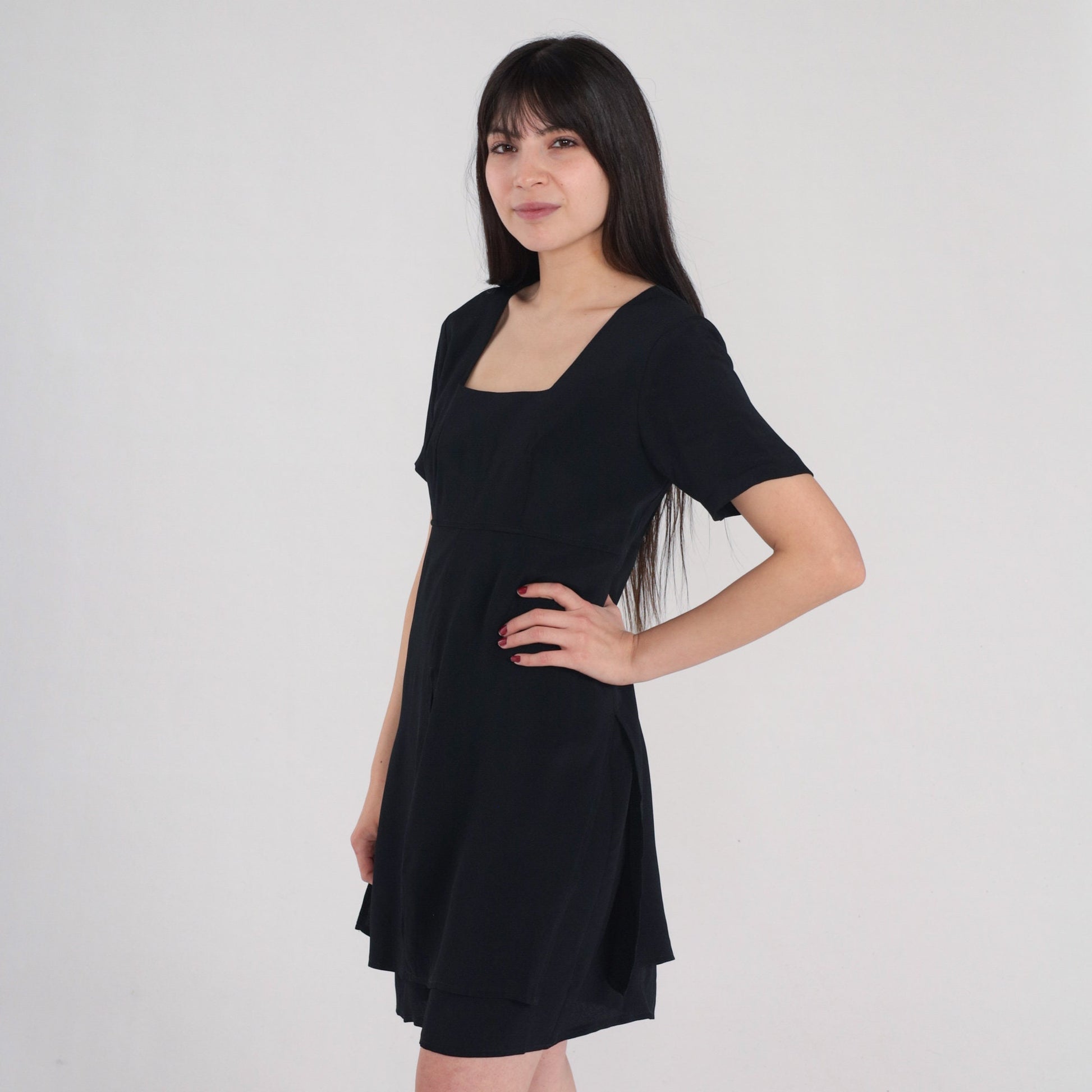 90s Black Mini Shift Dress Empire Waist Square Neckline Small 6