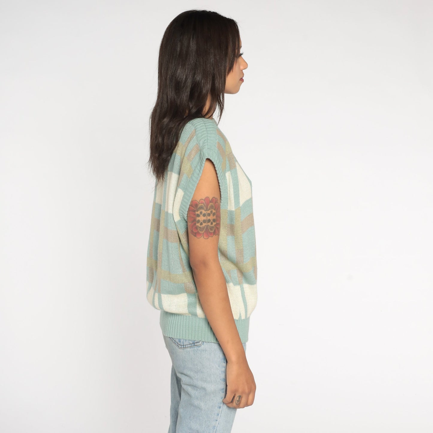 80s Bay Club Seafoam Checkered Knit Boatneck Cap Sleeve Top Medium Large