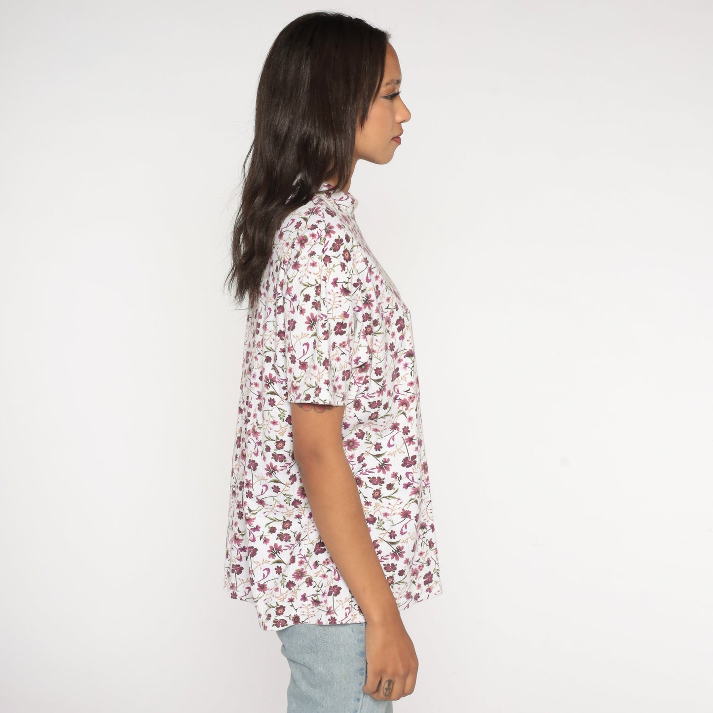 90s Floral T-Shirt White Purple Graphic Ribbed Fold-Over Collar Extra Large XXL