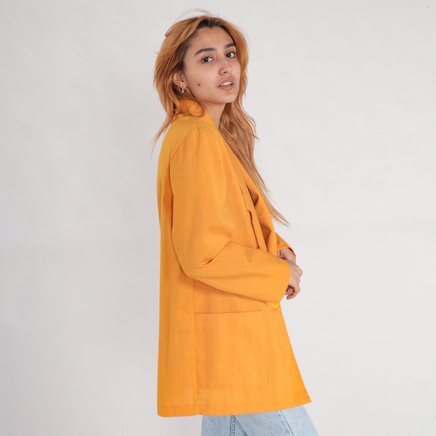 80s Yellow Button Blazer Jacket Single Breasted Medium M