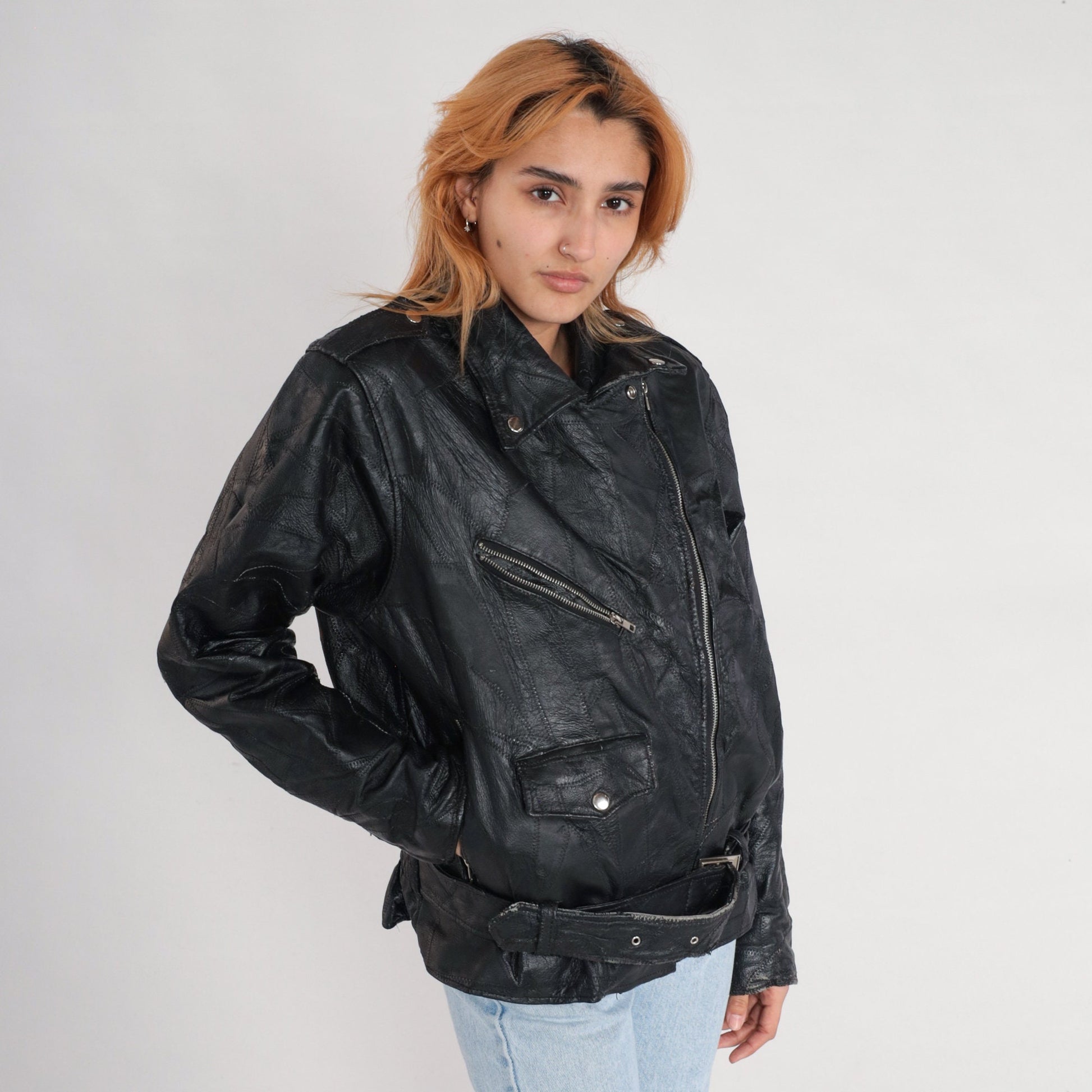 80s Black Leather Motorcycle Jacket Eagle Patch Men's Small