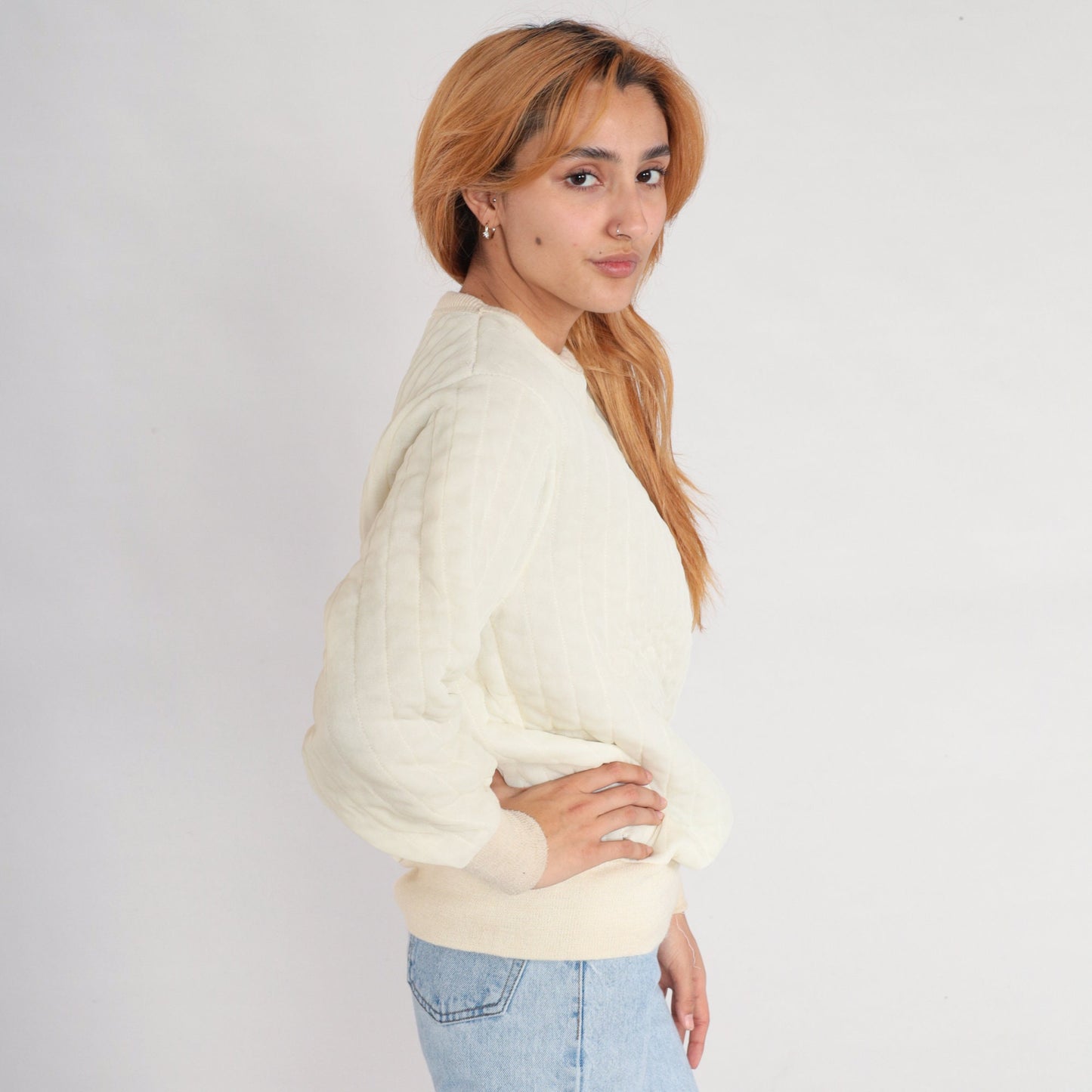 80s Quilted Jacket Liner Cream Nylon Pullover Sweatshirt Medium