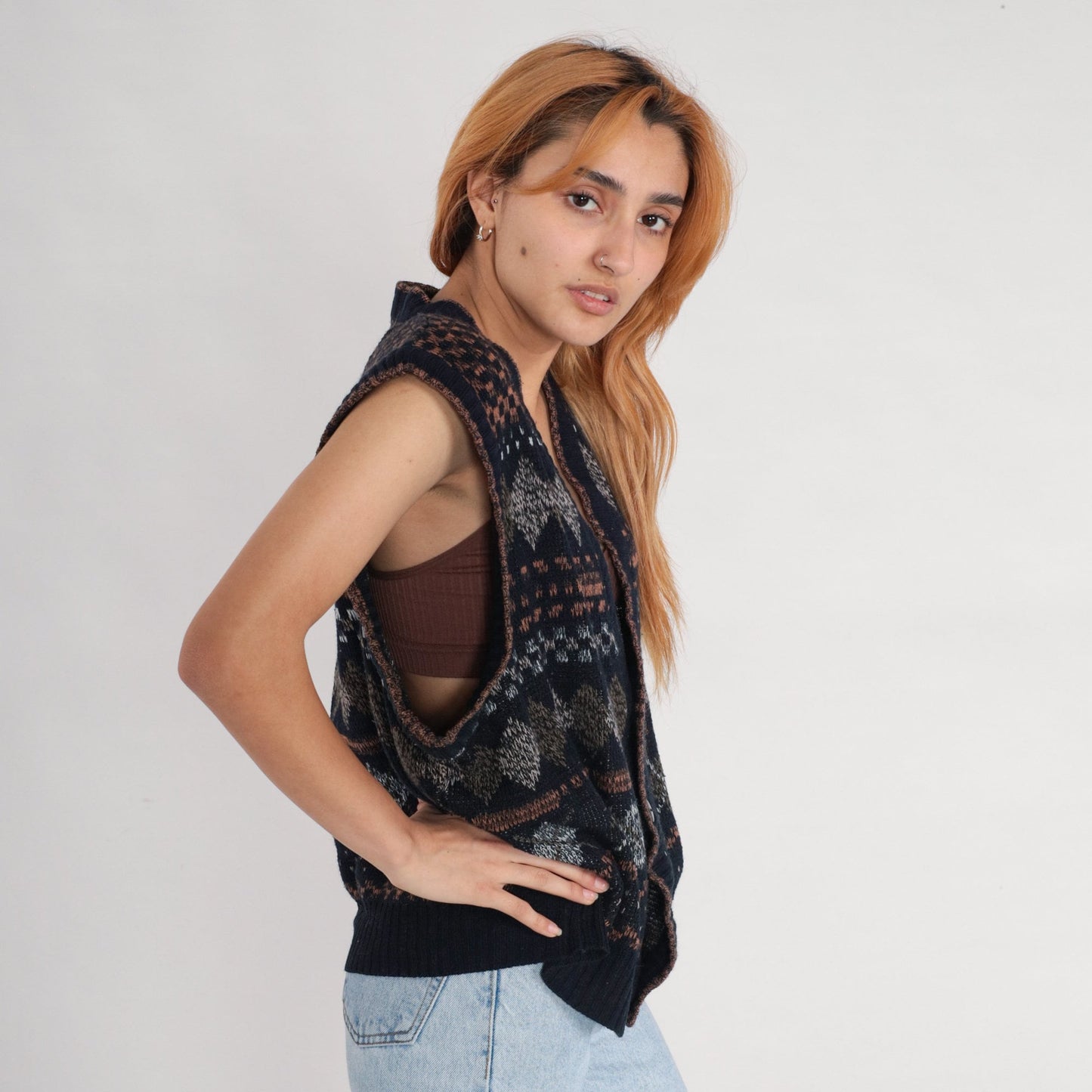 90s Expressions Black Argyle Sweater Vest Button-Up Knit Large L