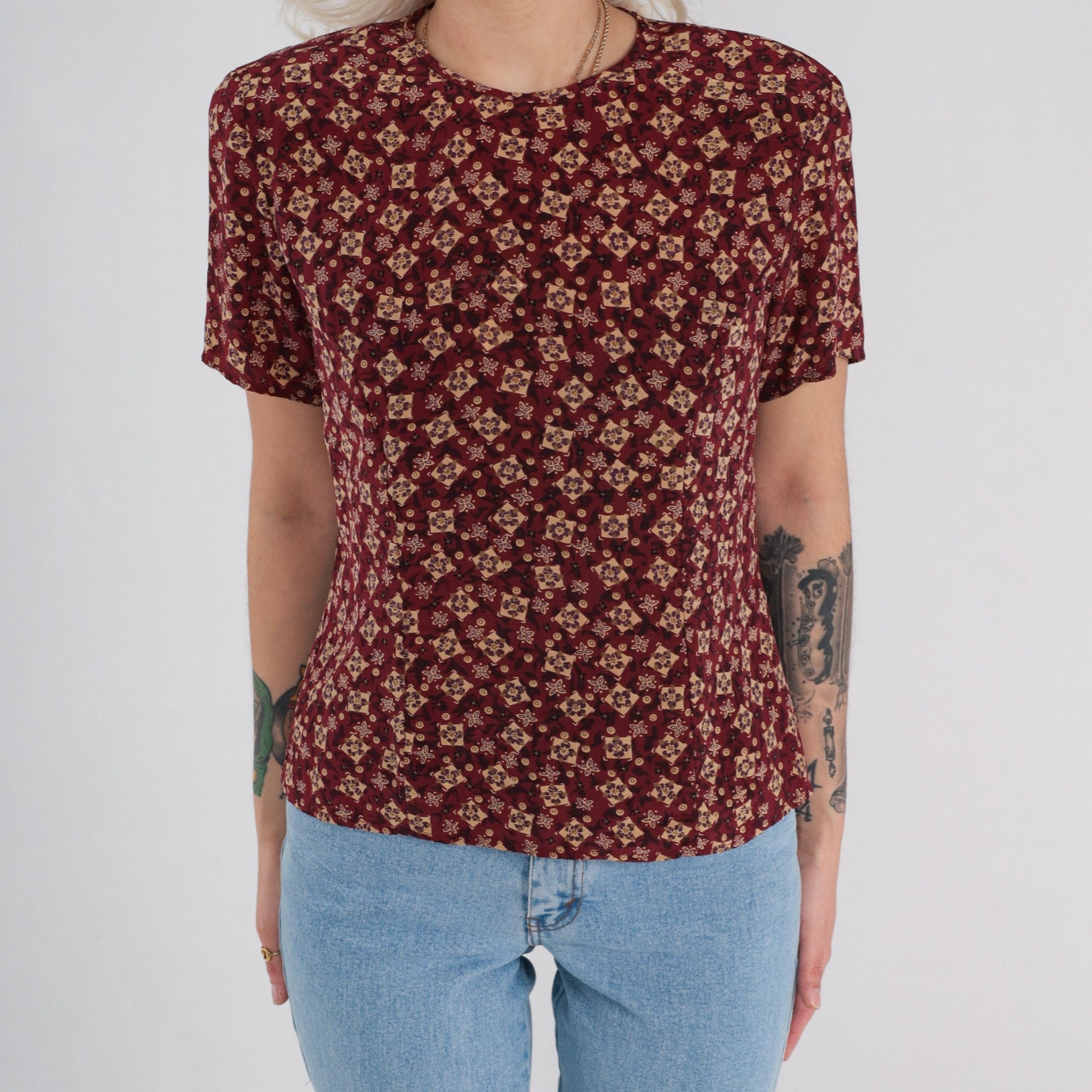 90s Silk Blouse Dark Red Tile Print Short Sleeve Keyhole Back Small