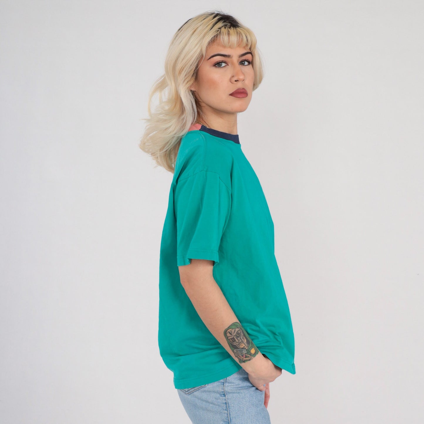 90s Giordano Embroidered Logo T-Shirt Green Navy Ringer Crewneck Medium M