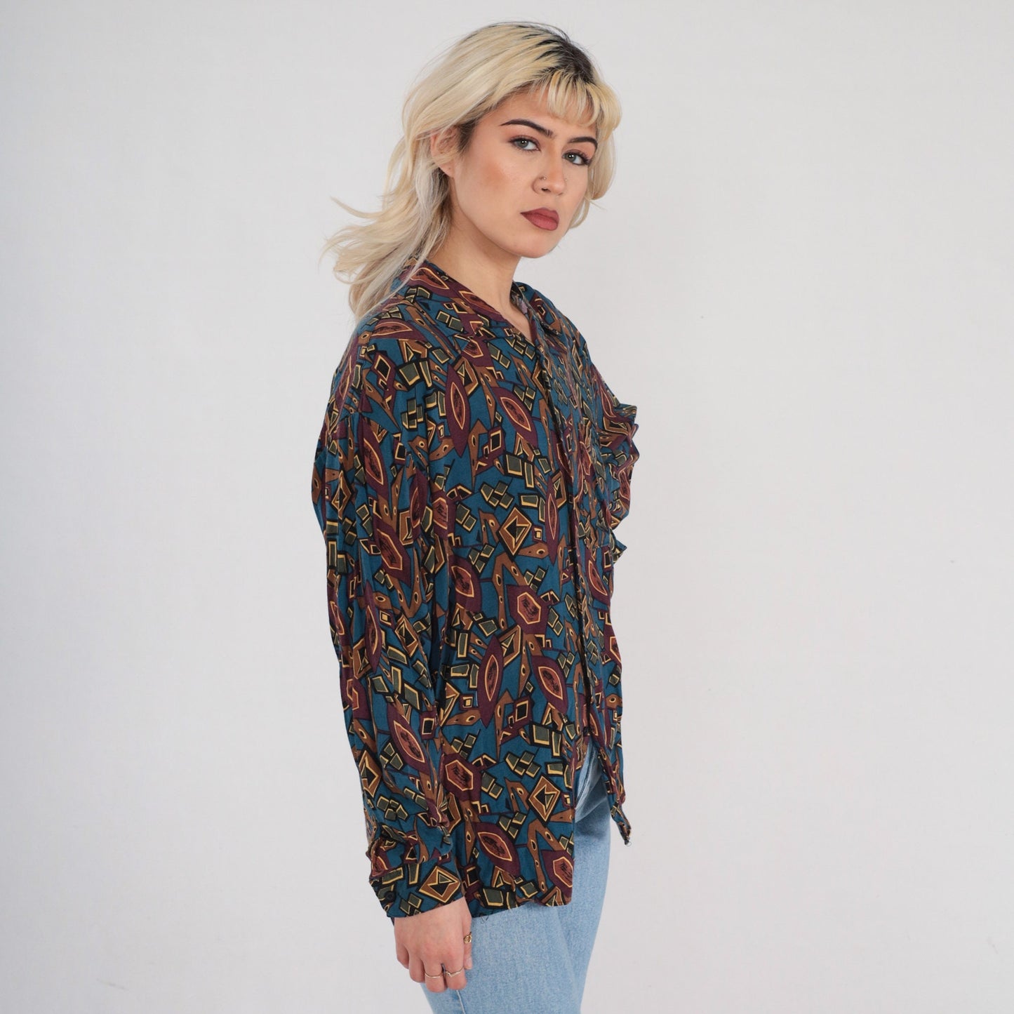 90s Abstract Geometric Button-Up Shirt Long Sleeve Multicolor Large