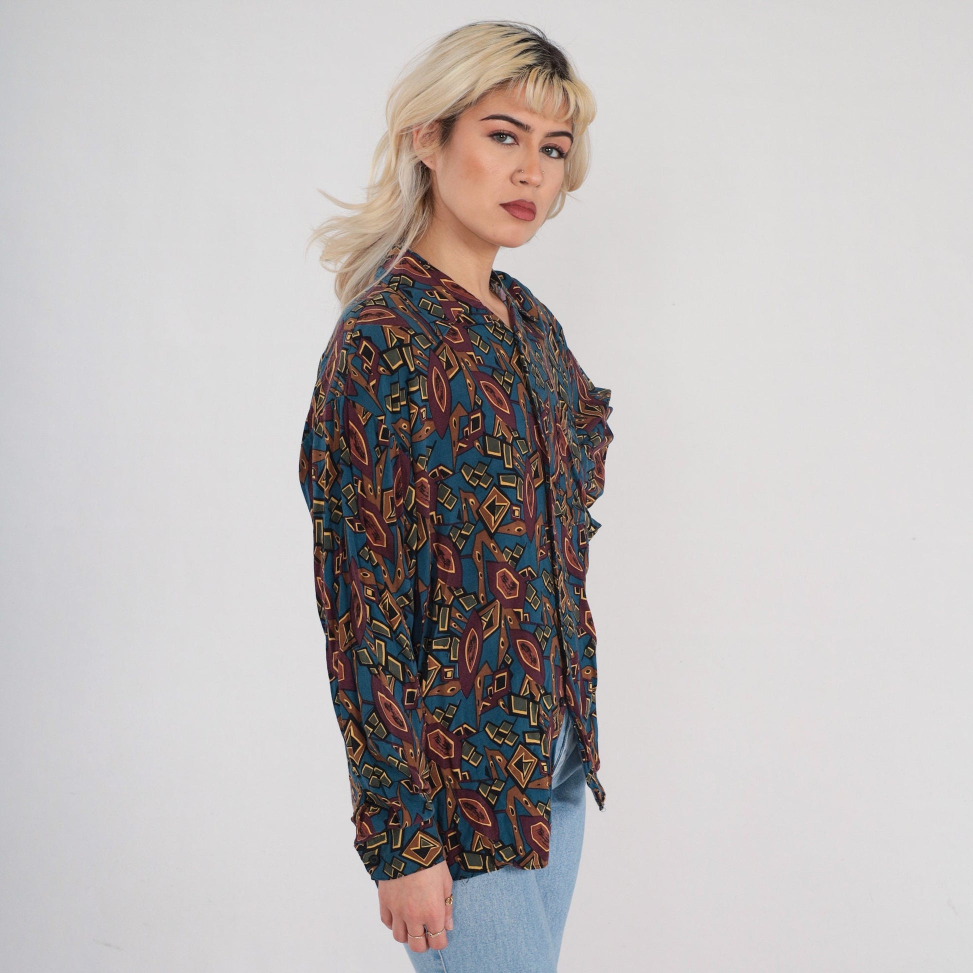 90s Abstract Geometric Button-Up Shirt Long Sleeve Multicolor Large