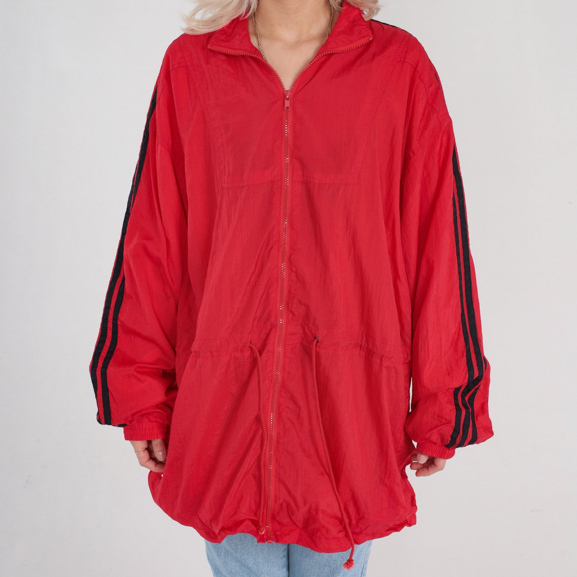 90s Red Striped Nylon Windbreaker Zip Jacket Black Sleeves Men's Extra Large