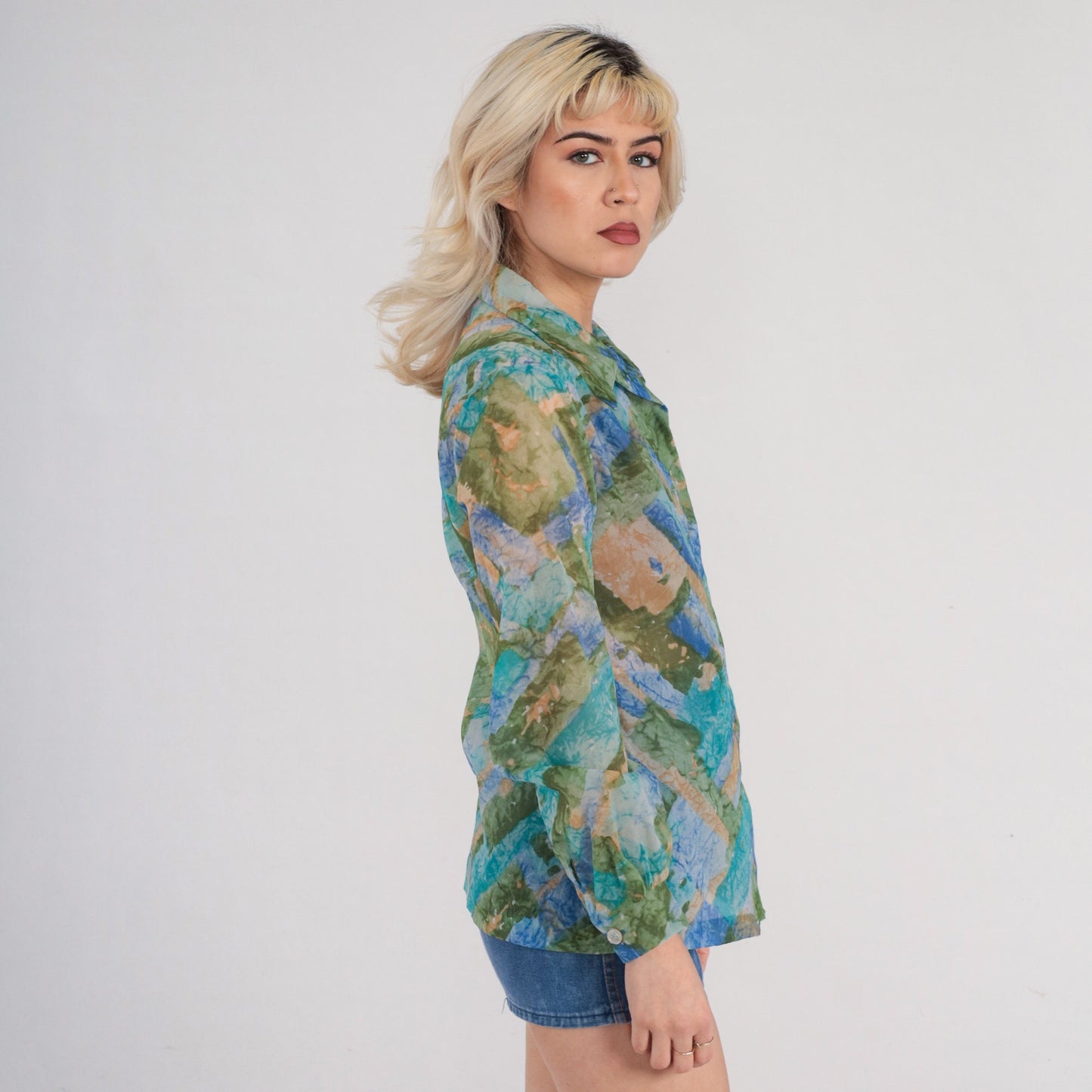 70s Sheer Dagger Collar Button Up Blouse Blue Green Abstract Print Small