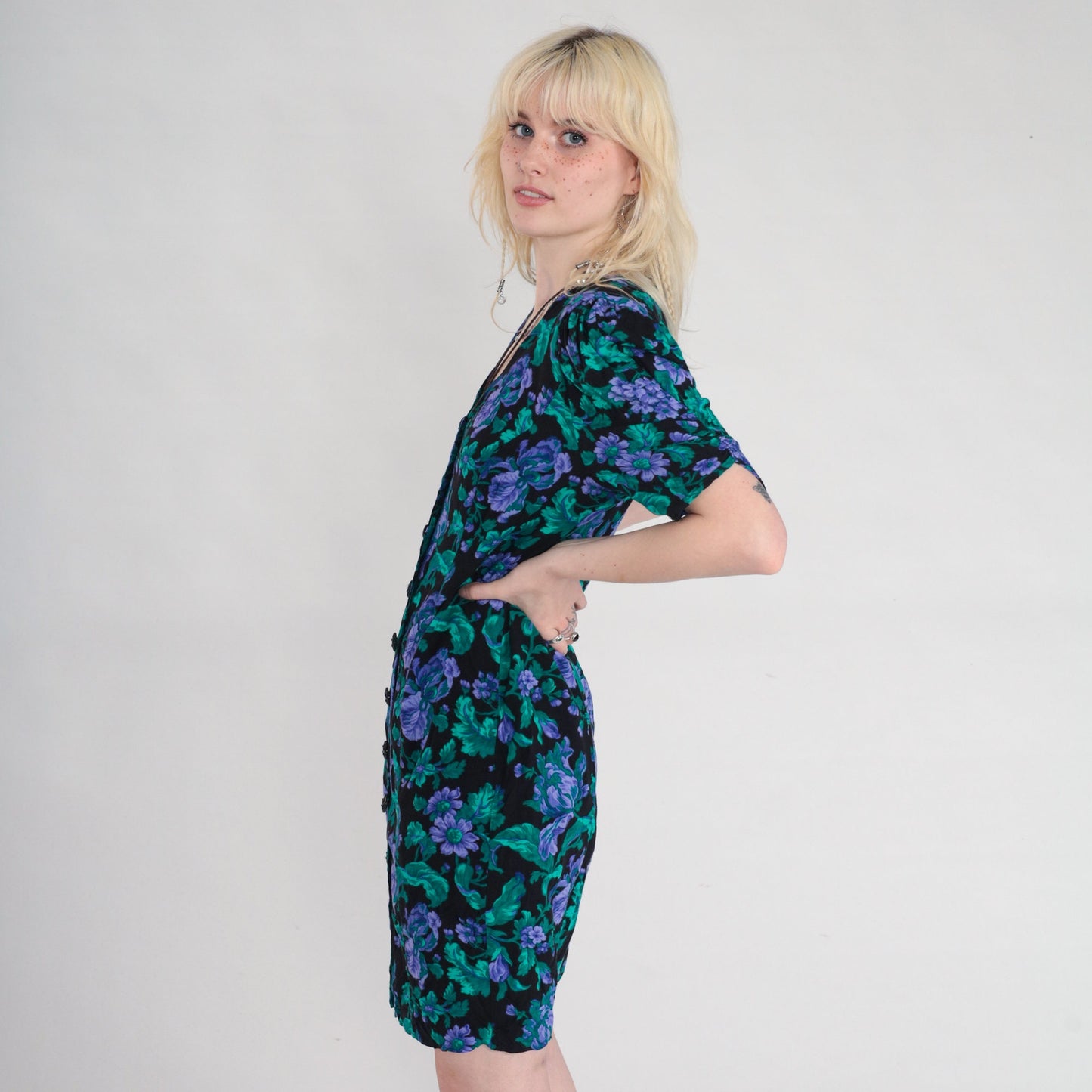 90s All That Jazz Floral Mini Dress Black Puff Sleeve V-Neck Medium
