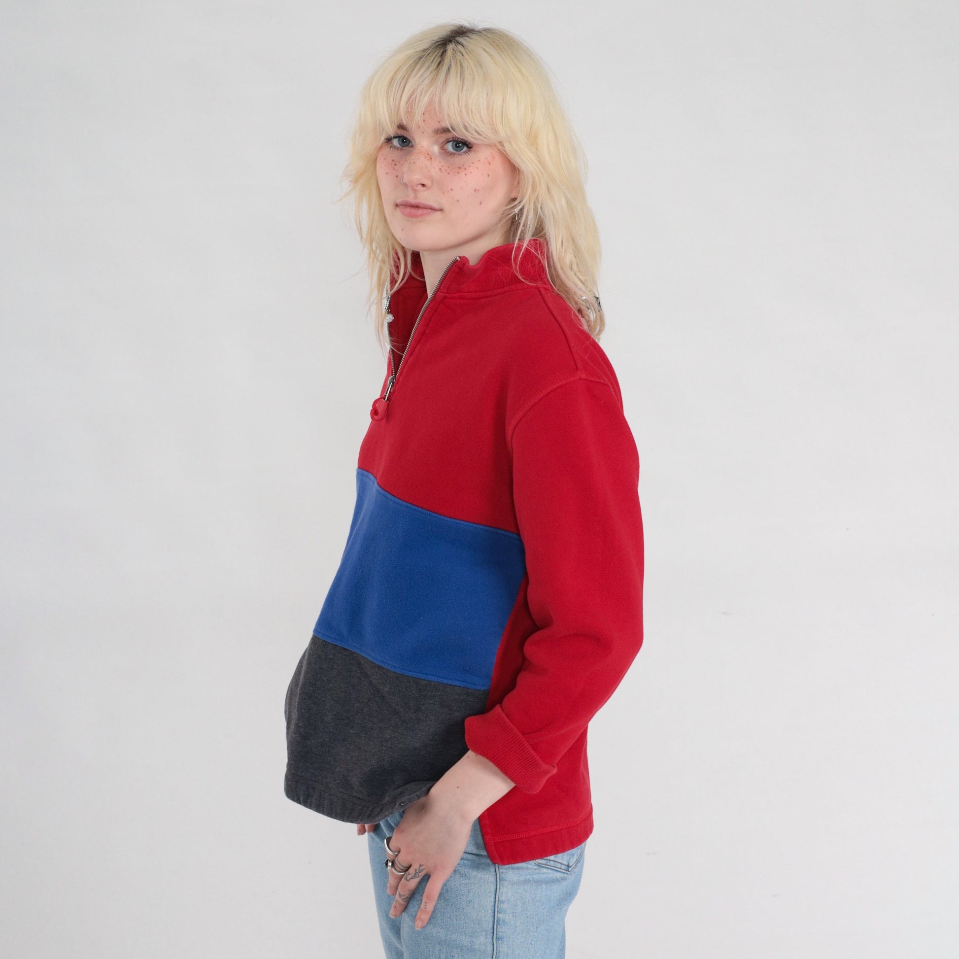 80s Pacers Quarter Zip Sweatshirt Striped Color Block Red Blue Grey Small