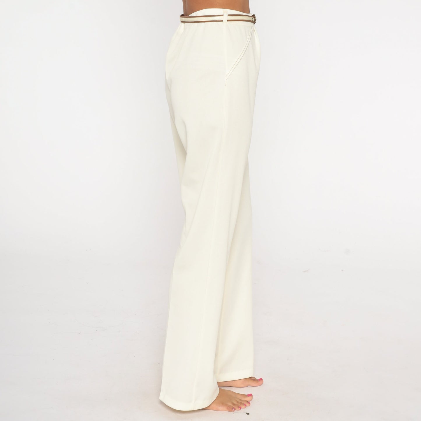 70s White High-Rise Straight Leg Trousers with Belt Medium