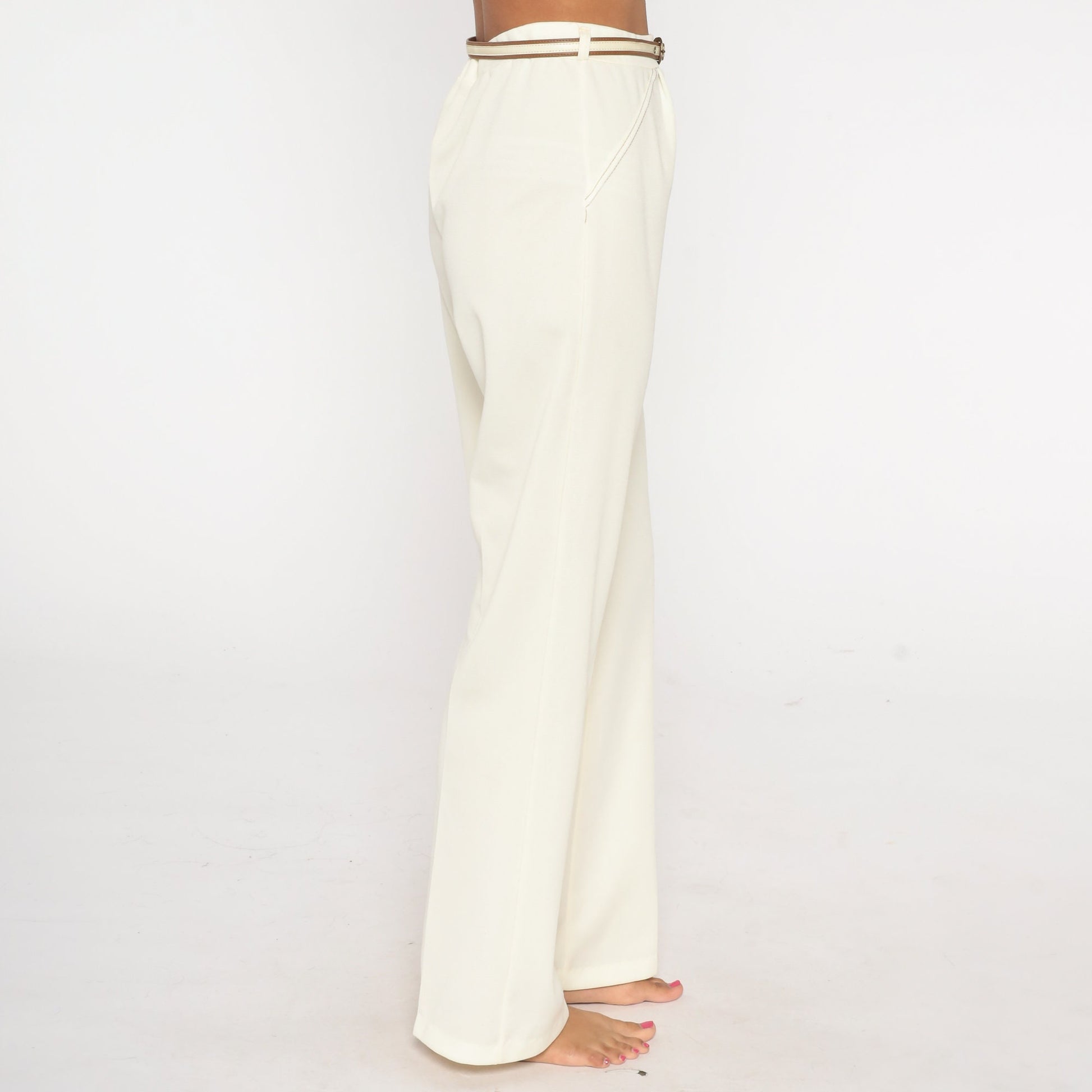 70s White High-Rise Straight Leg Trousers with Belt Medium