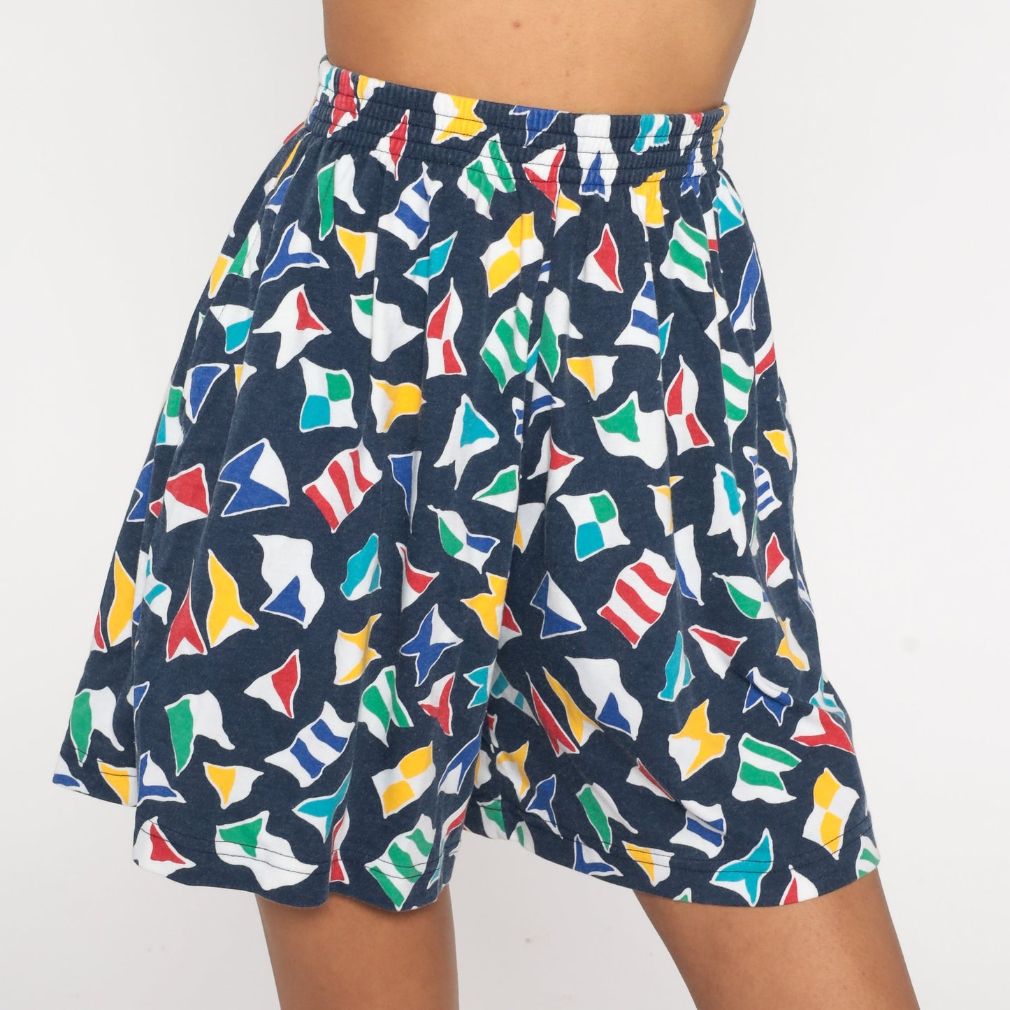 90s Nautical Flag Shorts Dark Blue High Waist Elastic Waist Small