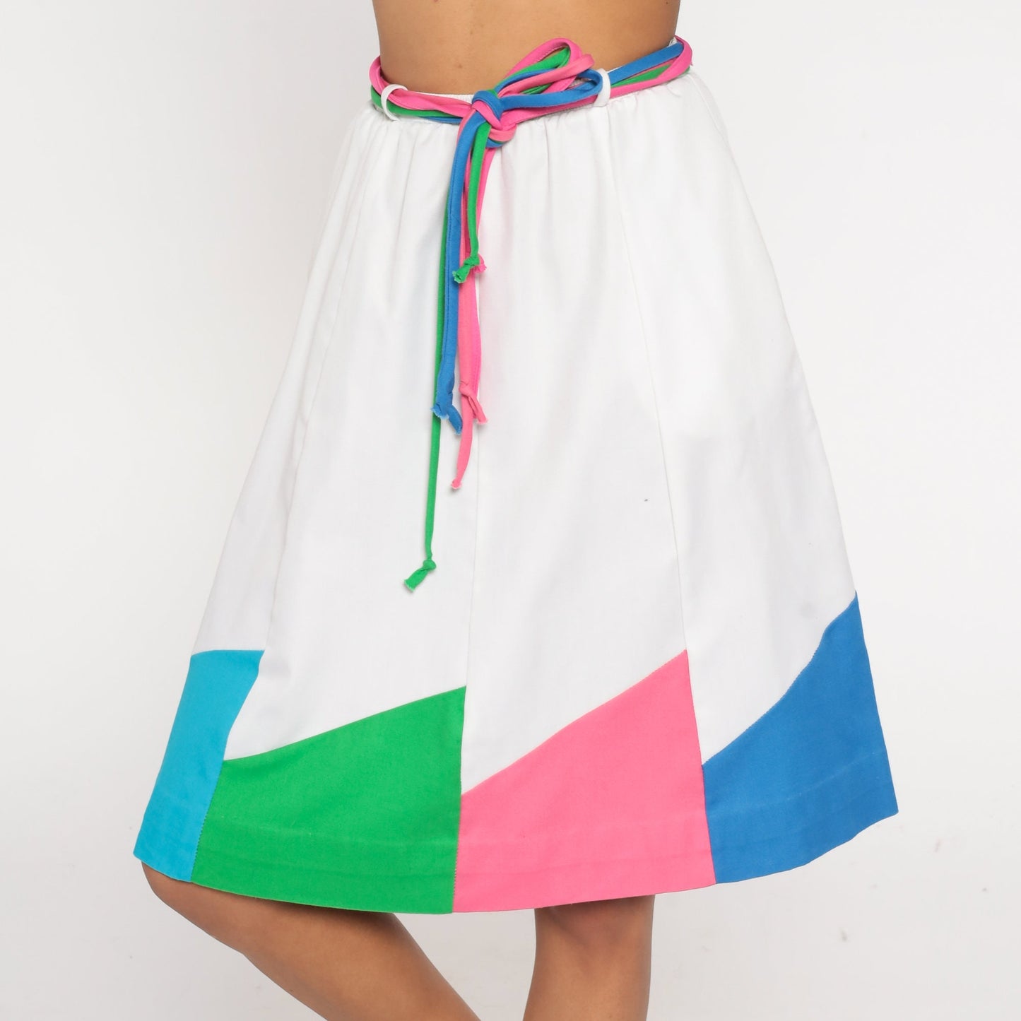 80s Color Block A-Line Skirt White Pink Blue High Waist Belted Pockets Extra Small