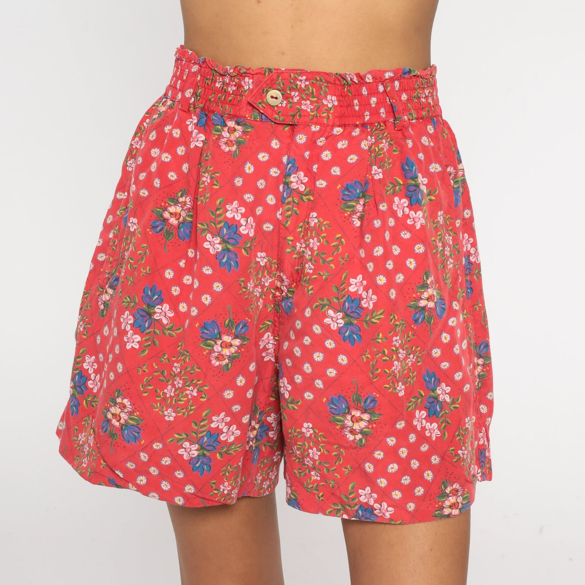 90s Liz Claiborne Floral Patchwork Shorts Red High Waist Pleated Medium