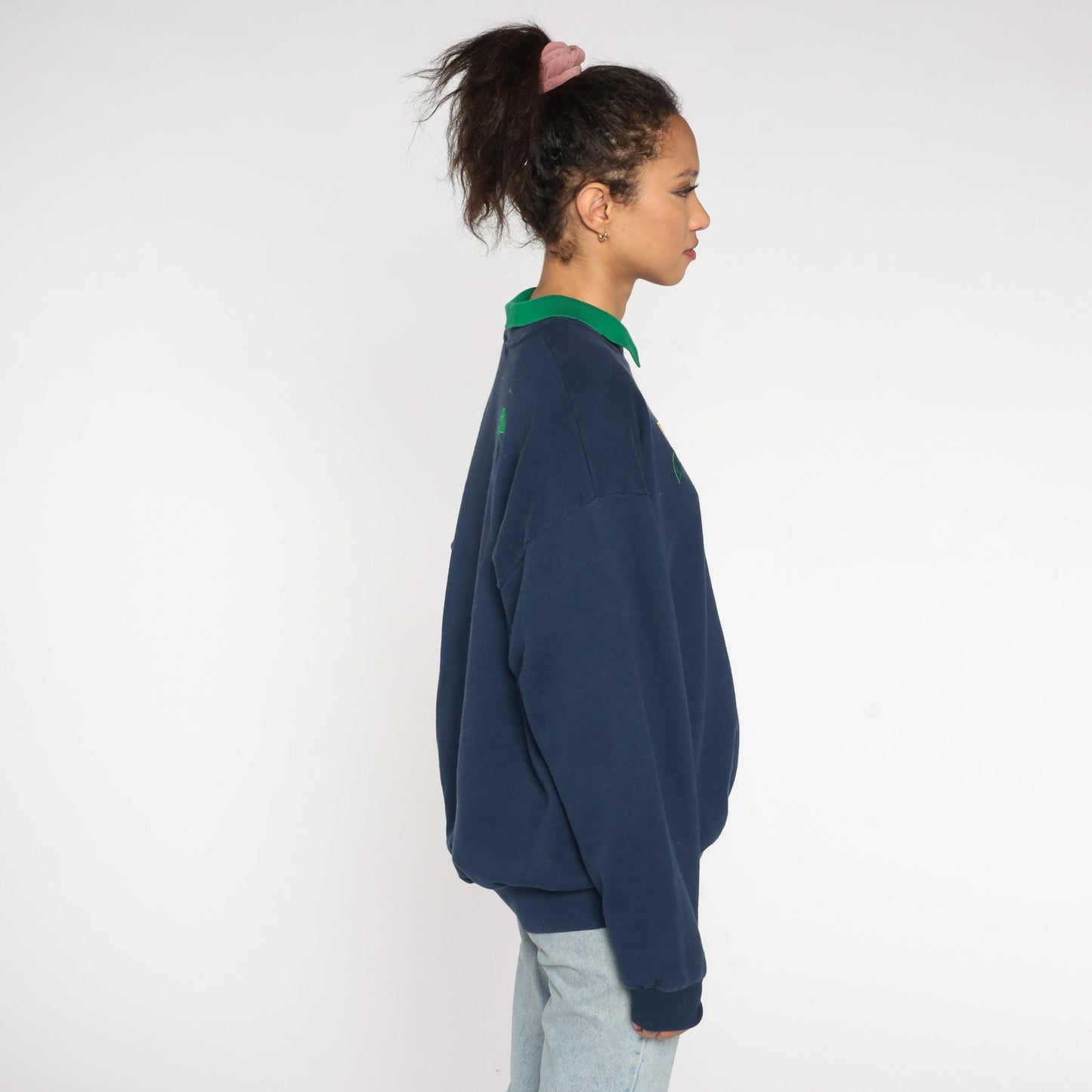 90s Jerzees Collared Floral Sweatshirt Navy Blue Black Eyed Susan Extra Large XXL