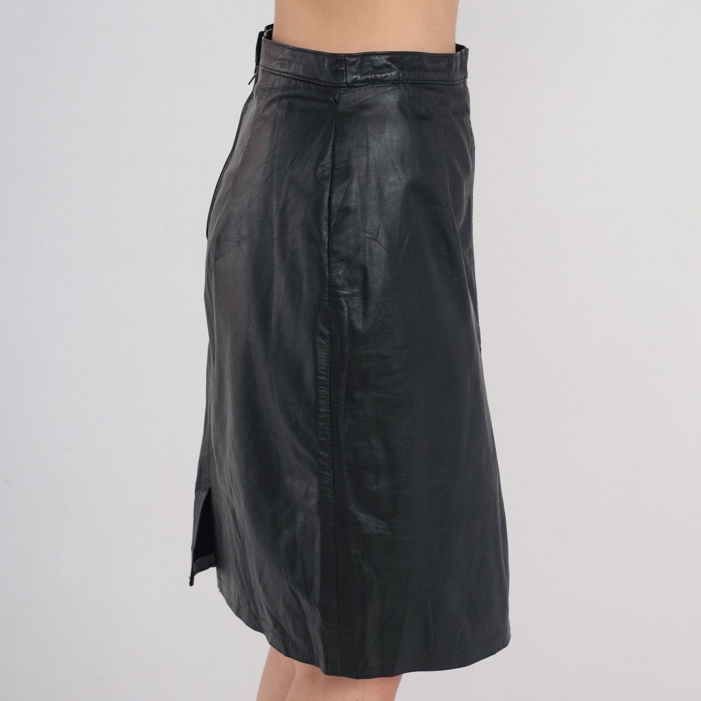 90s Black Leather Mini Pencil Skirt High Rise Small S