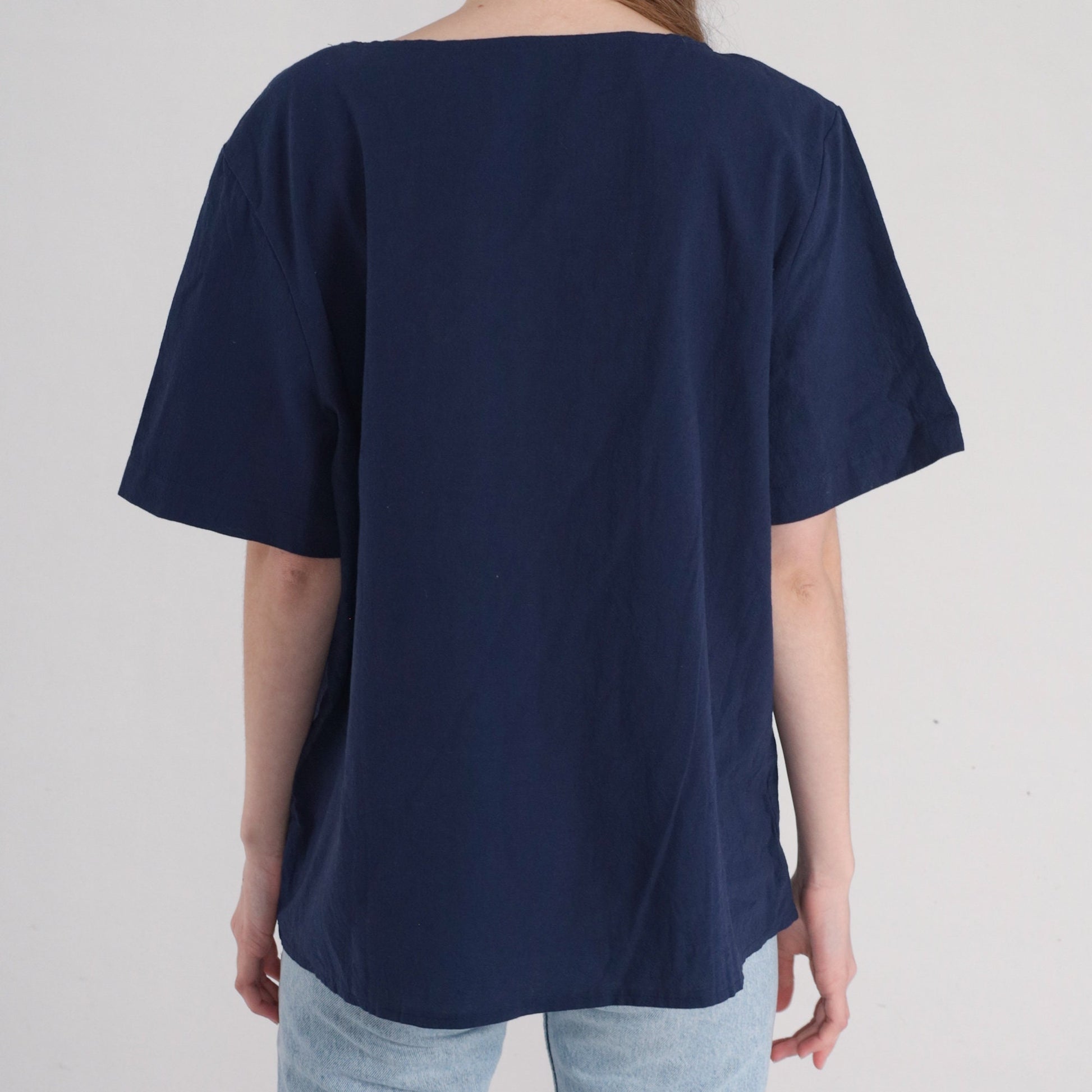 Y2K Cartoon Elephant Graphic T-Shirt Navy Blue Buttons Extra Extra Large XXL