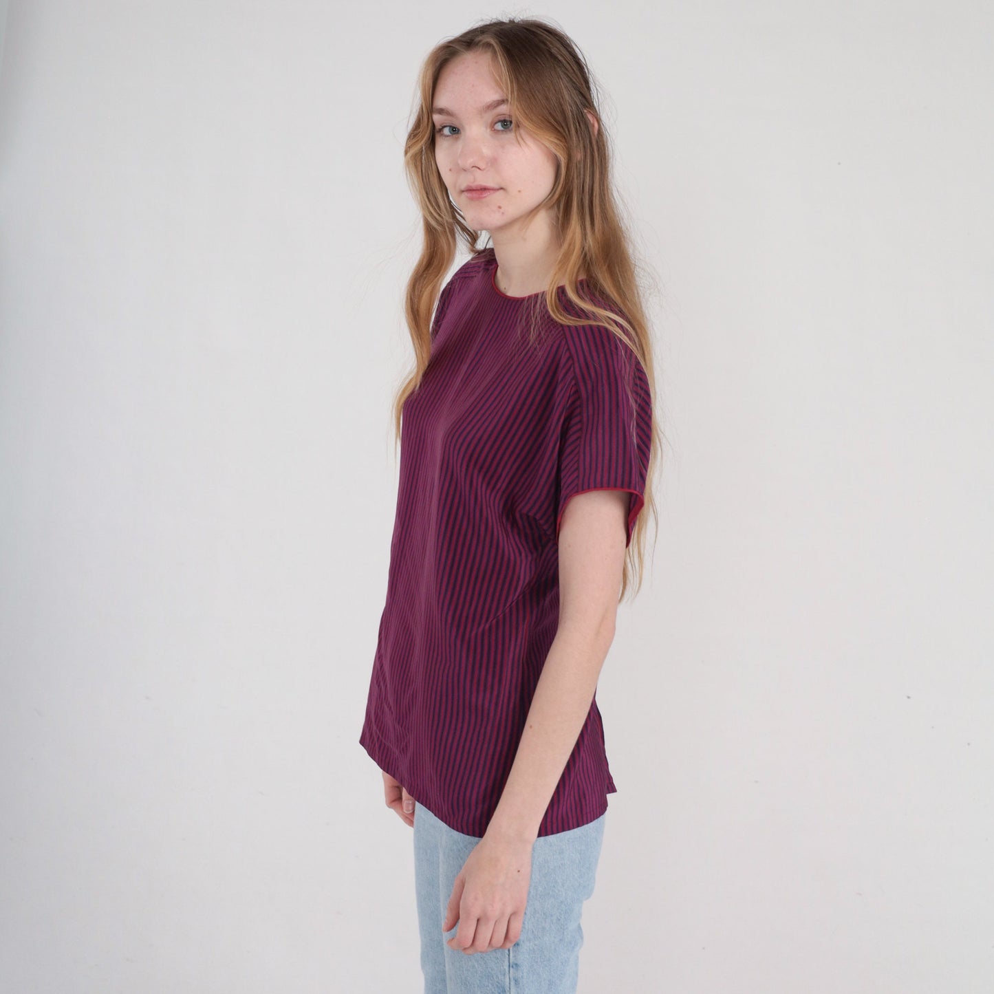 90s Silk Blouse Red Blue Striped Short Sleeve Button Back Small