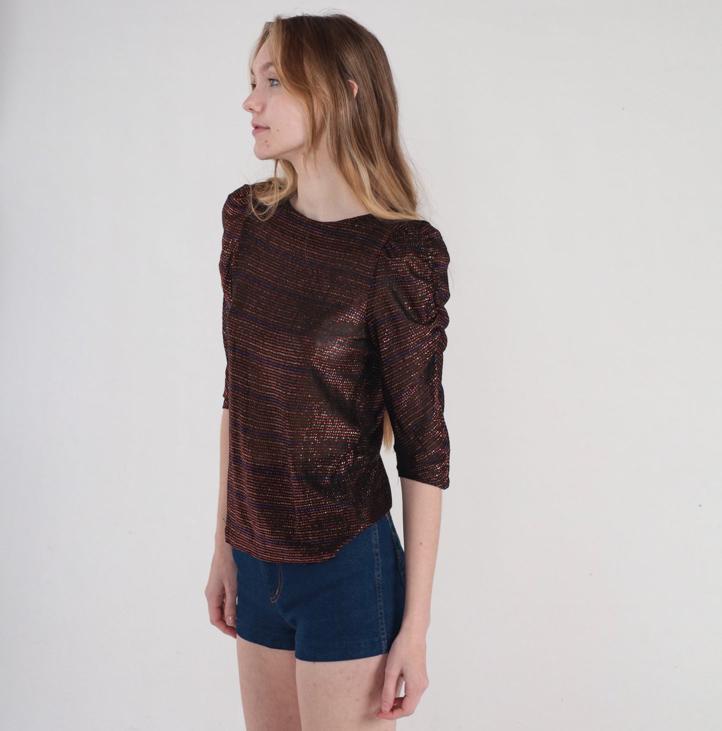80s Metallic Striped Puff Sleeve Blouse Semi-Sheer Red Blue Black Gold Extra Small