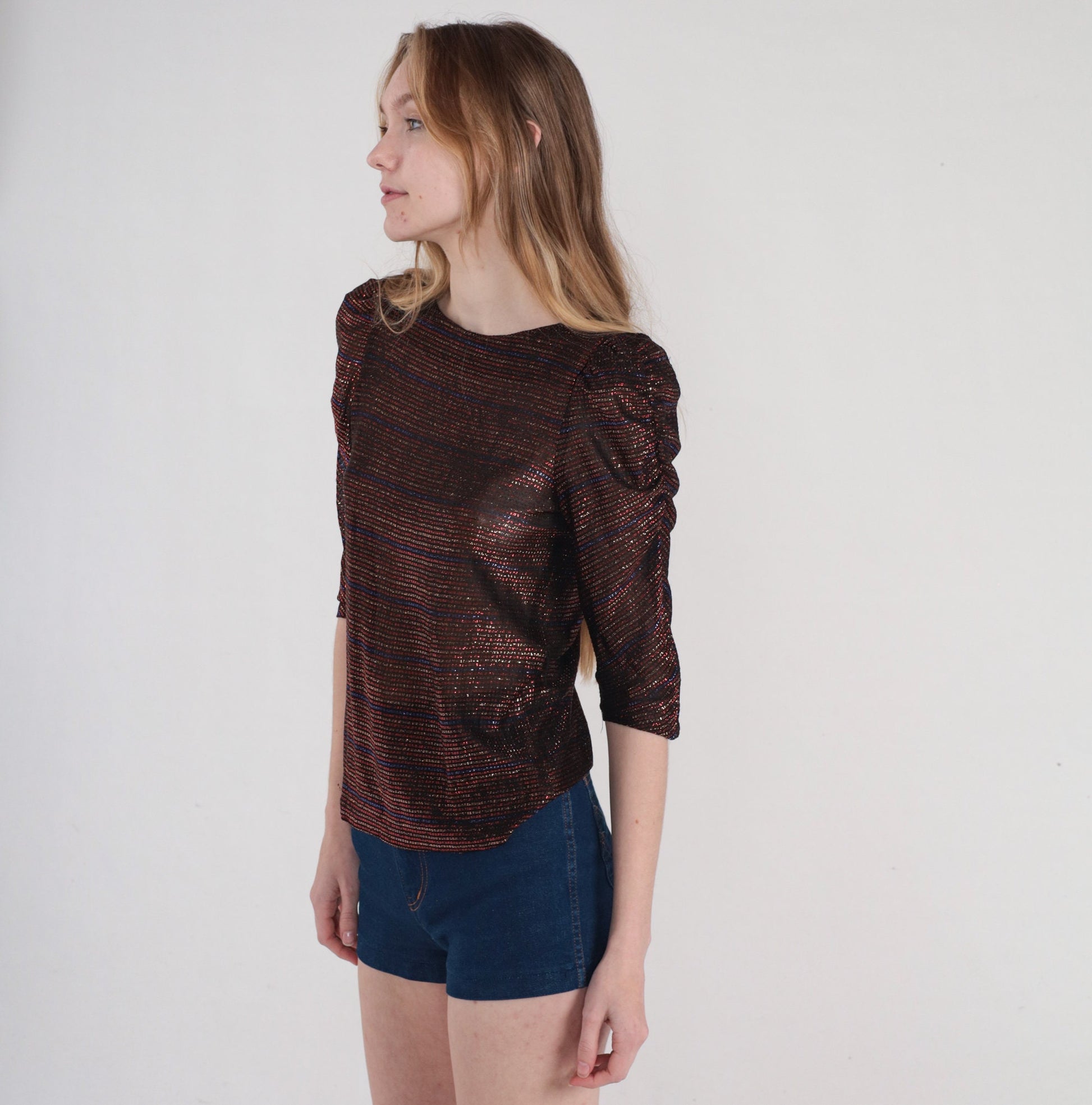 80s Metallic Striped Puff Sleeve Blouse Semi-Sheer Red Blue Black Gold Extra Small