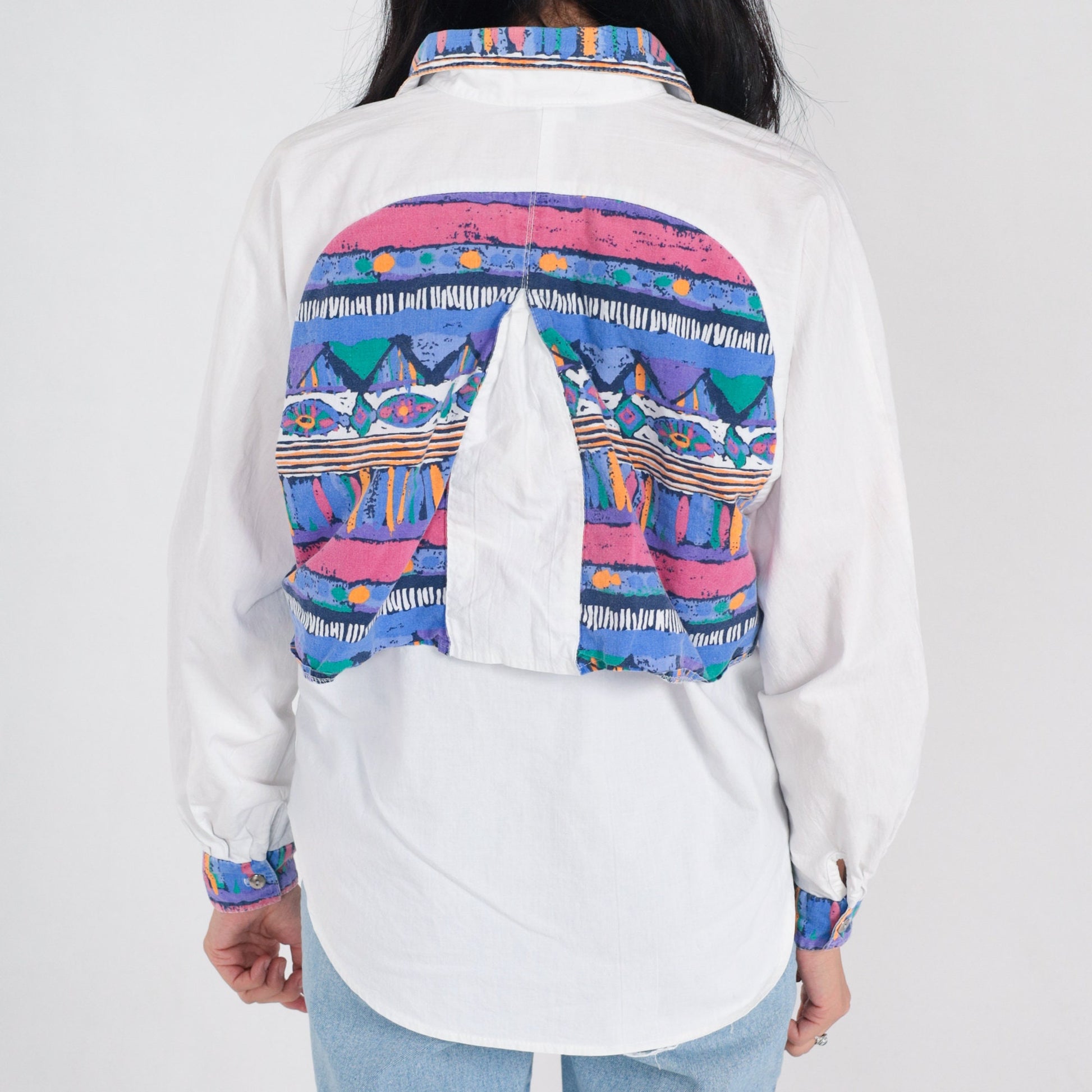 90s Southwestern Button-Up Blouse White Concho Yoke Layered Print Medium