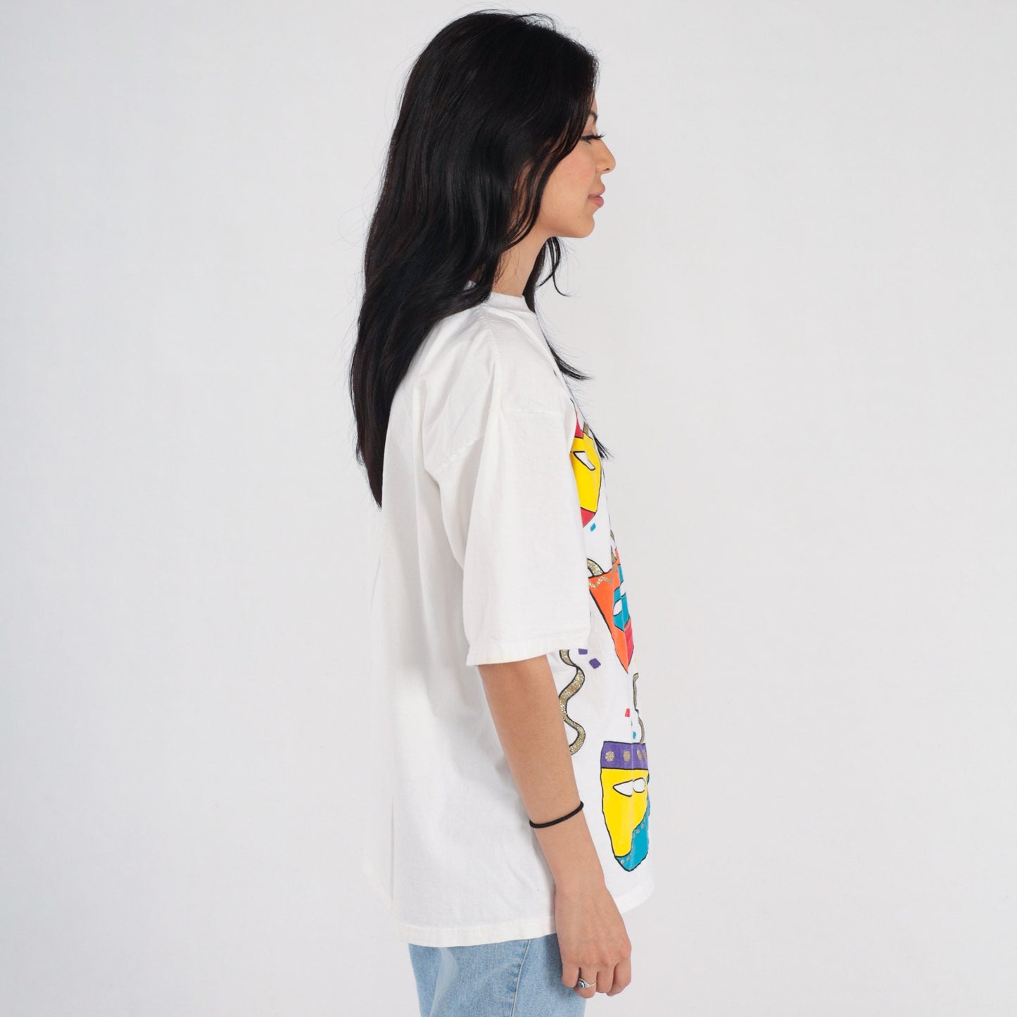 90s Glitter Drama Masks Graphic T-Shirt White Sparkly Theater Tee Small