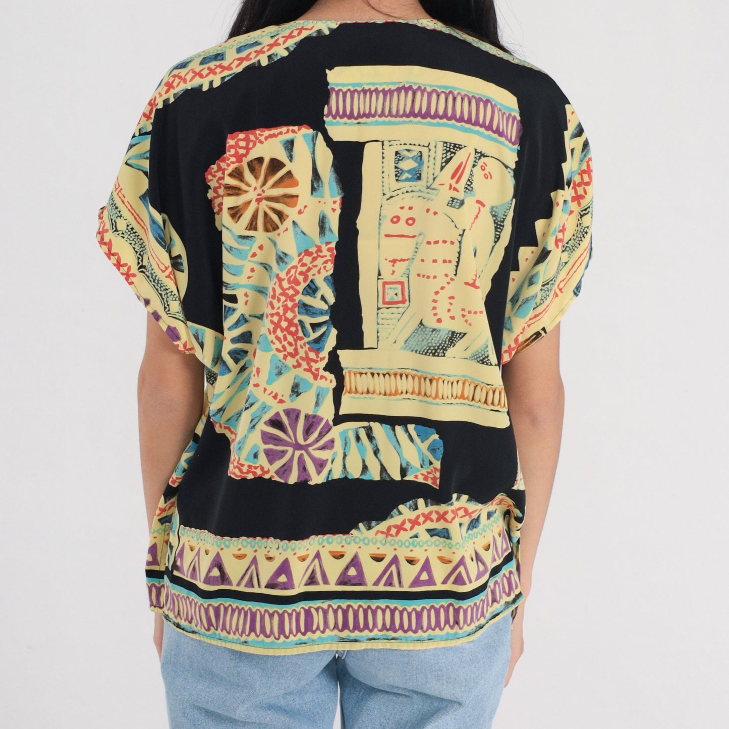 90s Abstract Print Button-Up Blouse Multicolor Short Sleeve Medium M