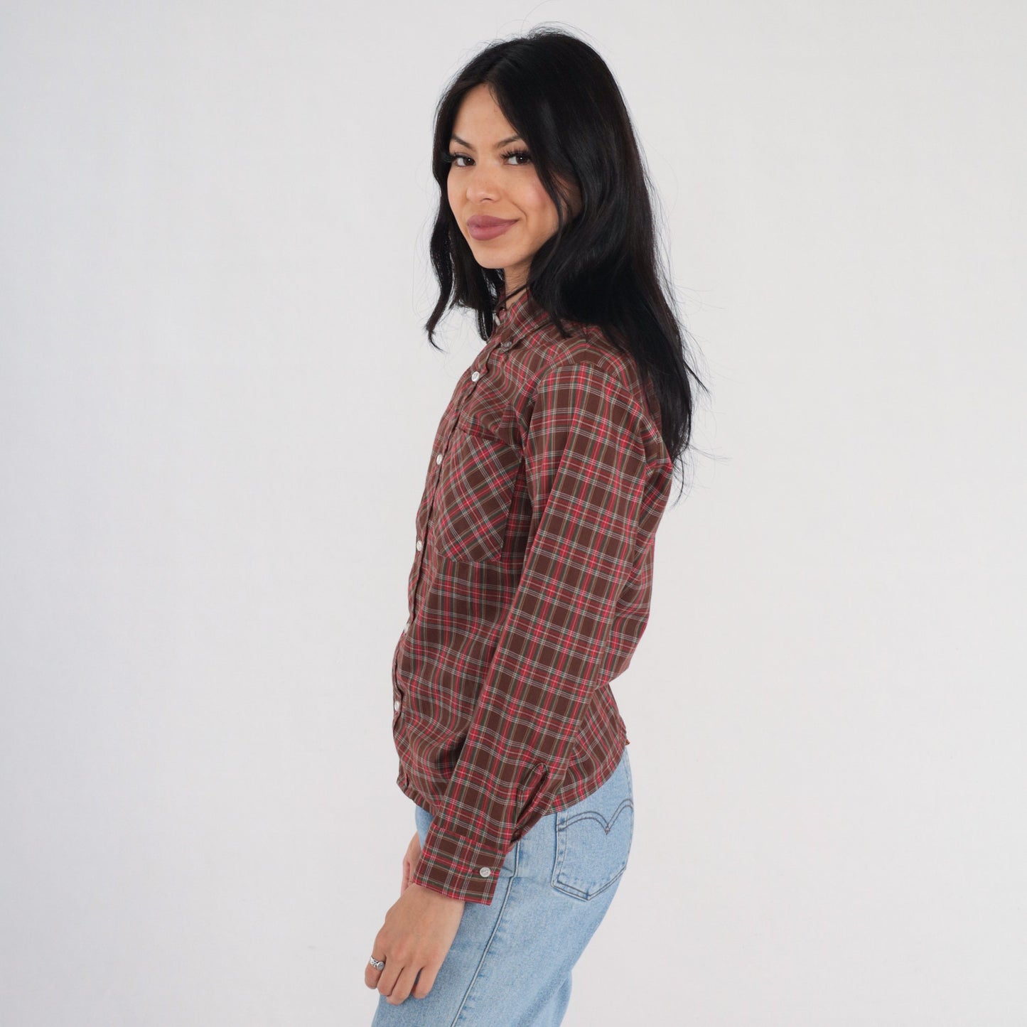 80s Clan Tartans Brown Plaid Button-Up Shirt Long Sleeve Extra Small