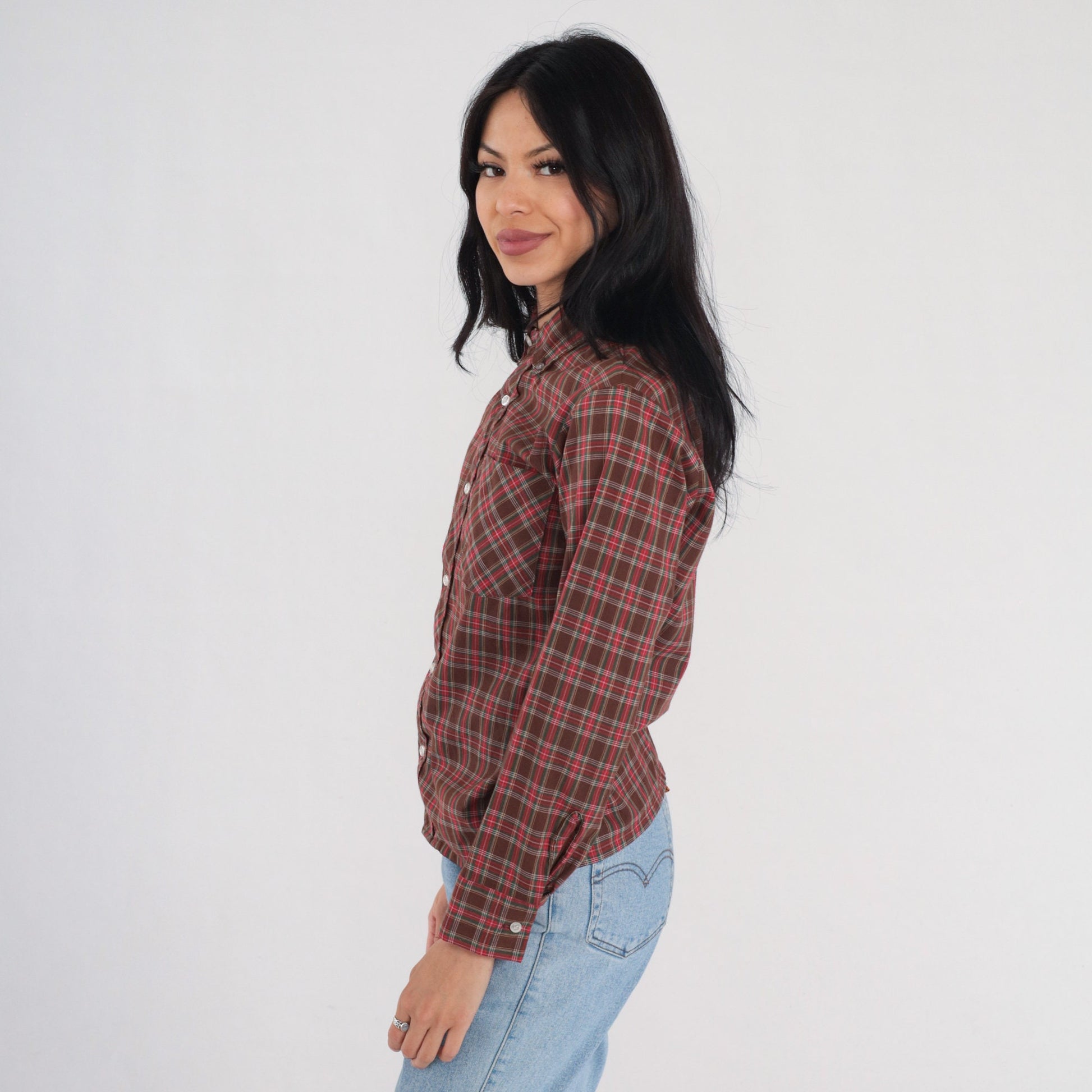 80s Clan Tartans Brown Plaid Button-Up Shirt Long Sleeve Extra Small