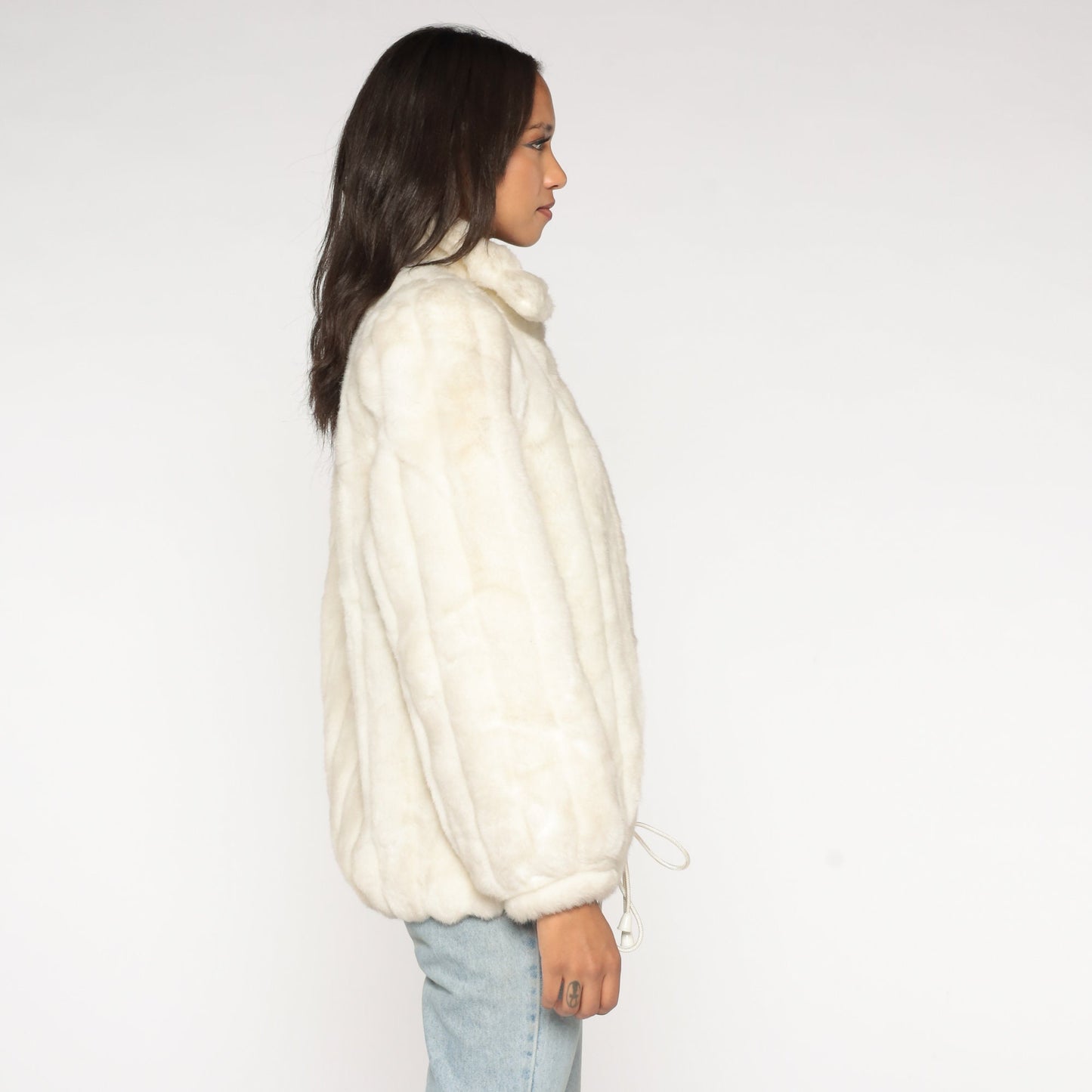 80s Jordache Faux Fur Coat Cream Zip-Up Jacket Medium