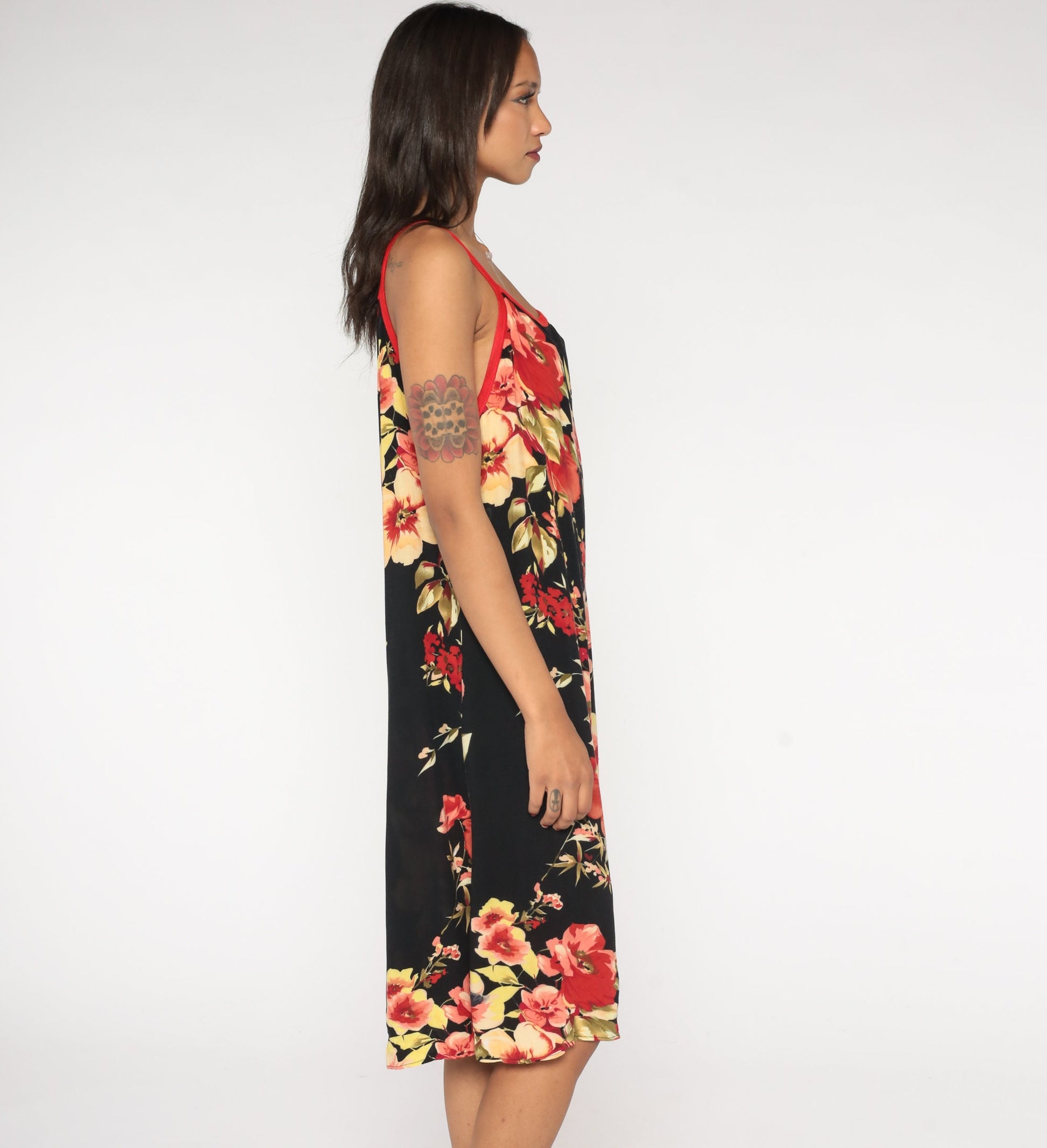 Y2K Hawaiian Floral Midi Dress Black Spaghetti Strap Tropical Print Large L