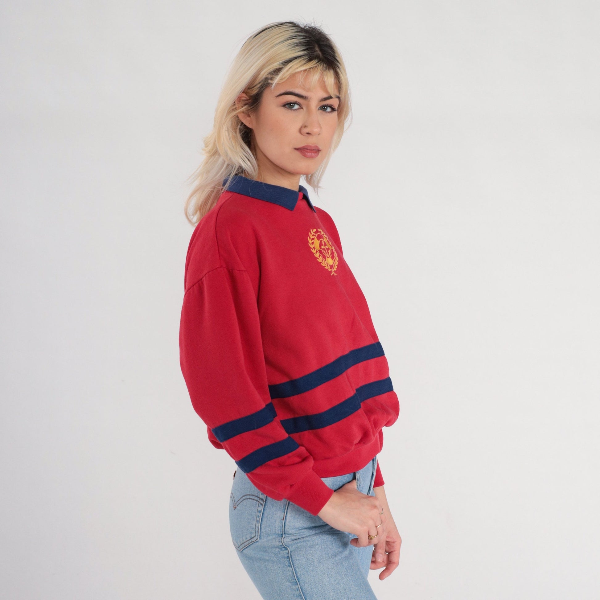 90s Red Anchor Nautical Collared Sweatshirt Blue Striped Pullover Small S