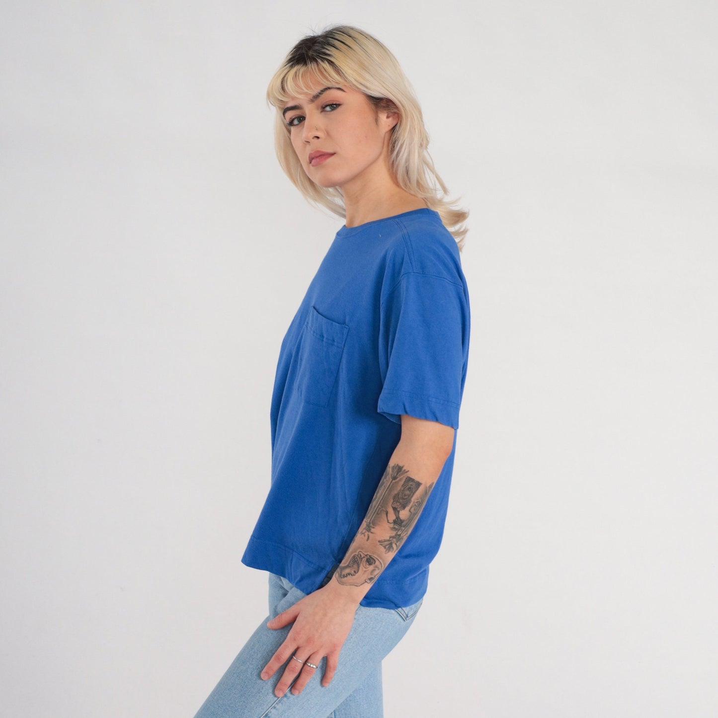 90s Blue Pocket T-Shirt Cotton Blend Short Sleeve Tee Side Slits Large L