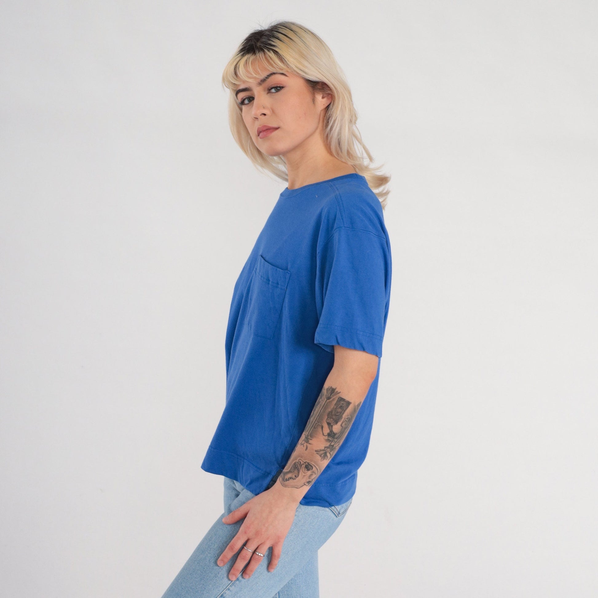 90s Blue Pocket T-Shirt Cotton Blend Short Sleeve Tee Side Slits Large L