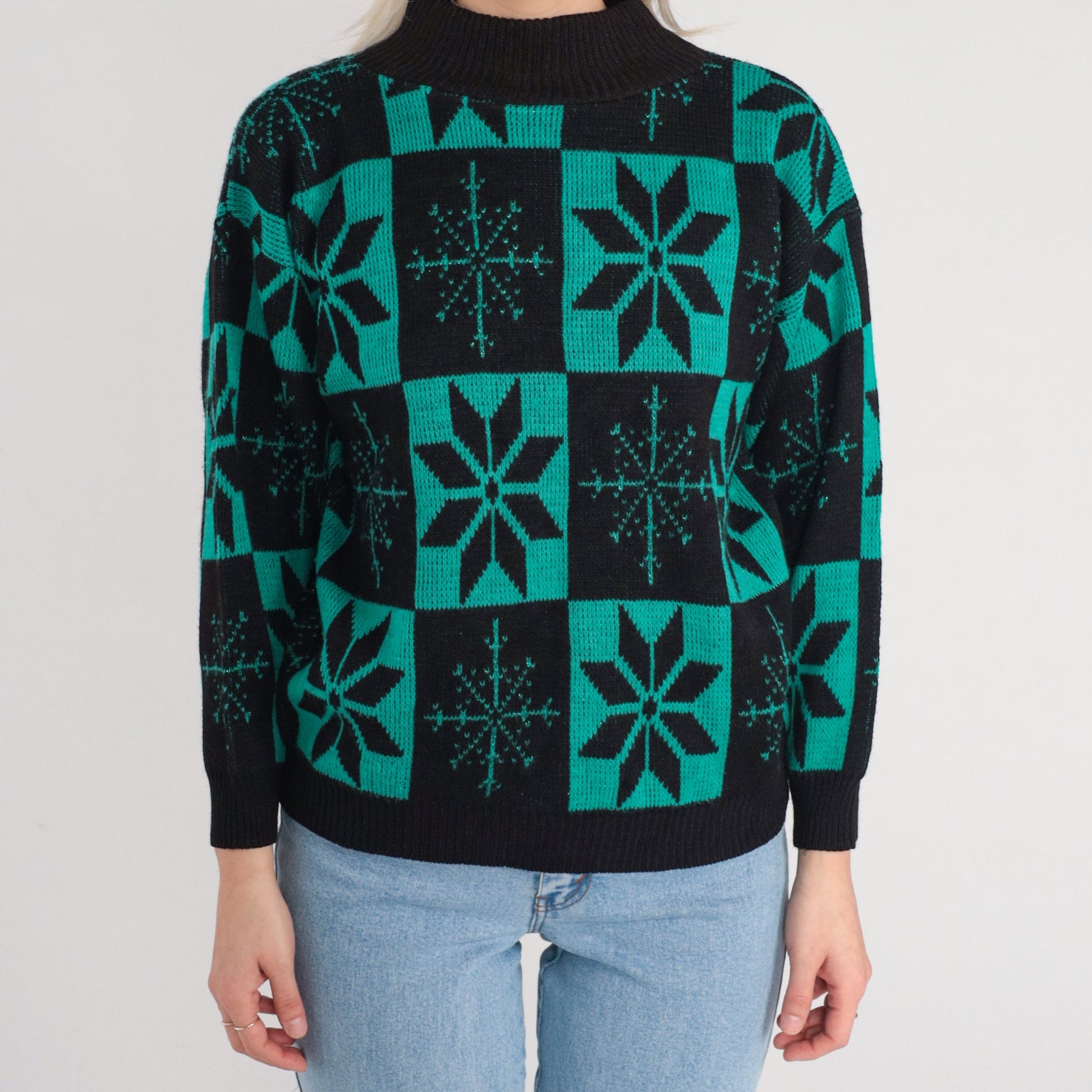 80s Snowflake Mock Neck Sweater Black Green Checkered Knit Pullover Small