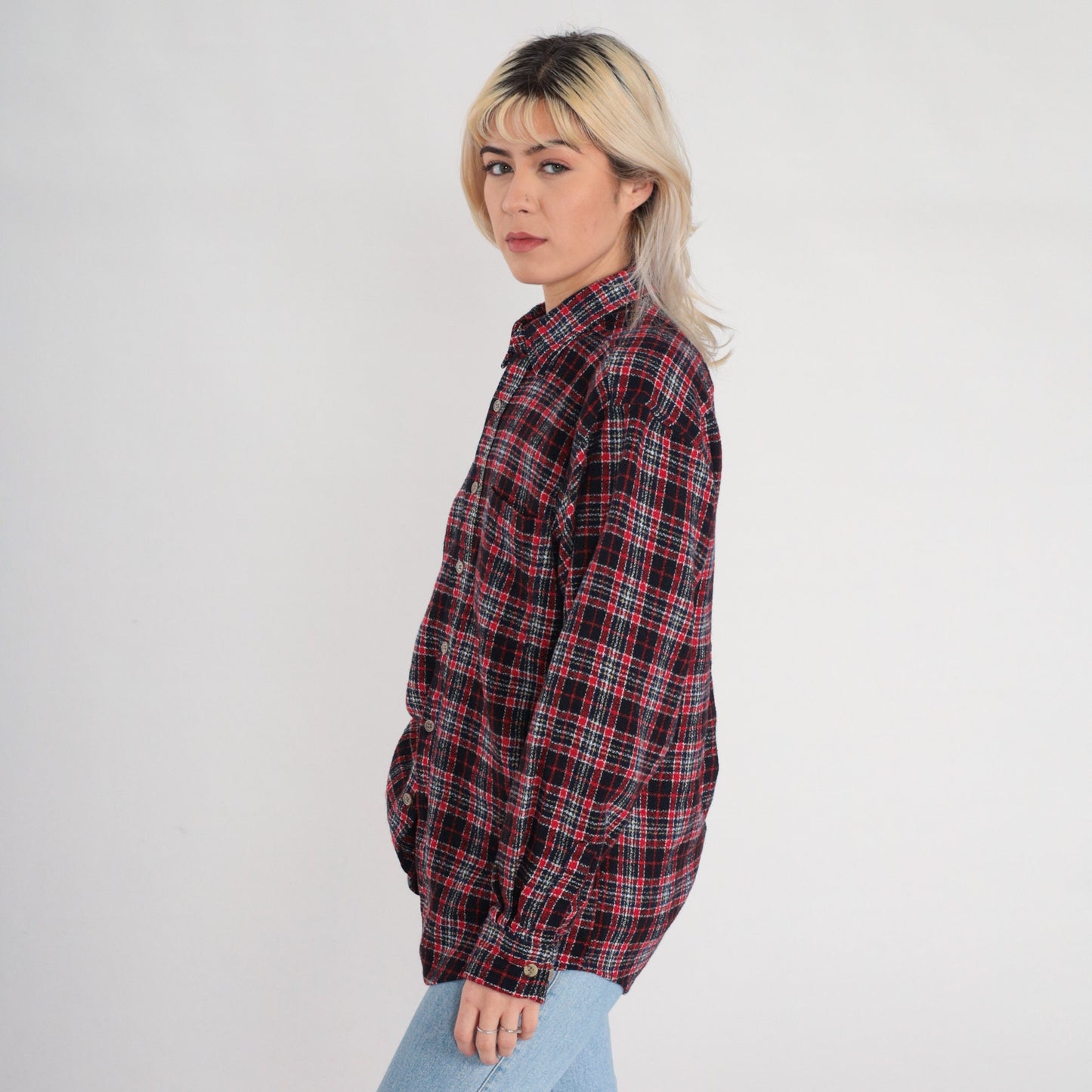 90s Red Plaid Flannel Button-Up Shirt Cotton Long Sleeve Large L