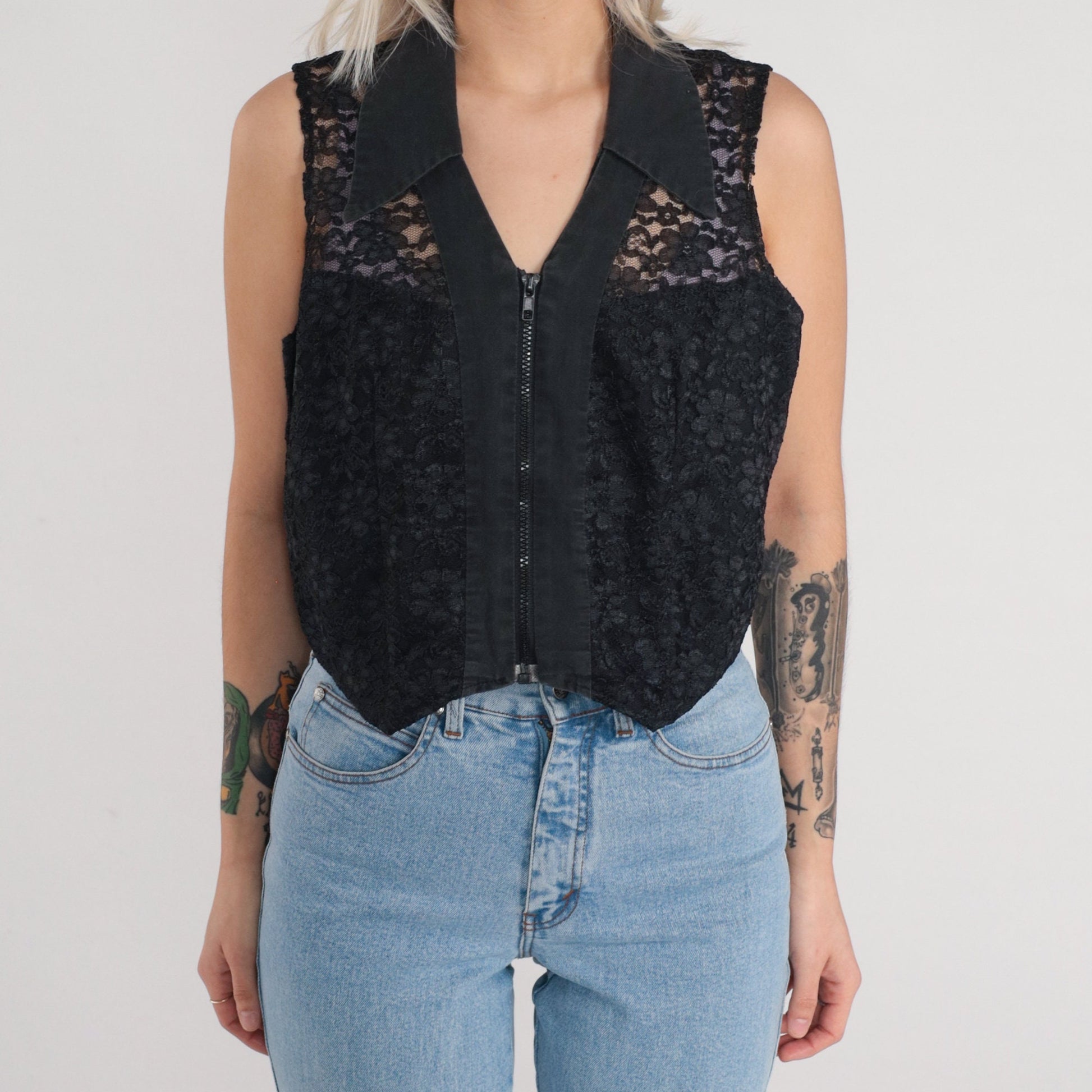 90s Black Lace Floral Vest Sheer Zip-Up Sleeveless Top Medium