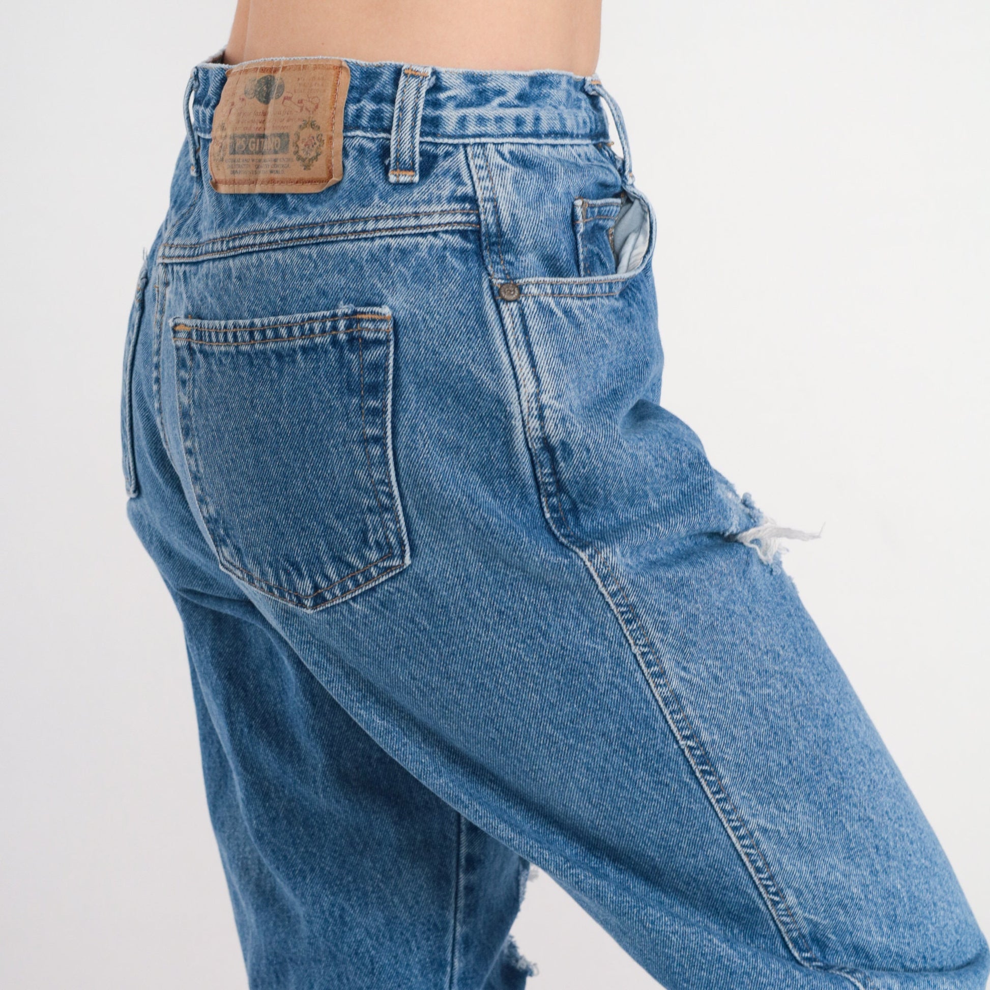 90s Gitano High-Waisted Tapered Mom Jeans Blue Denim Ripped Medium